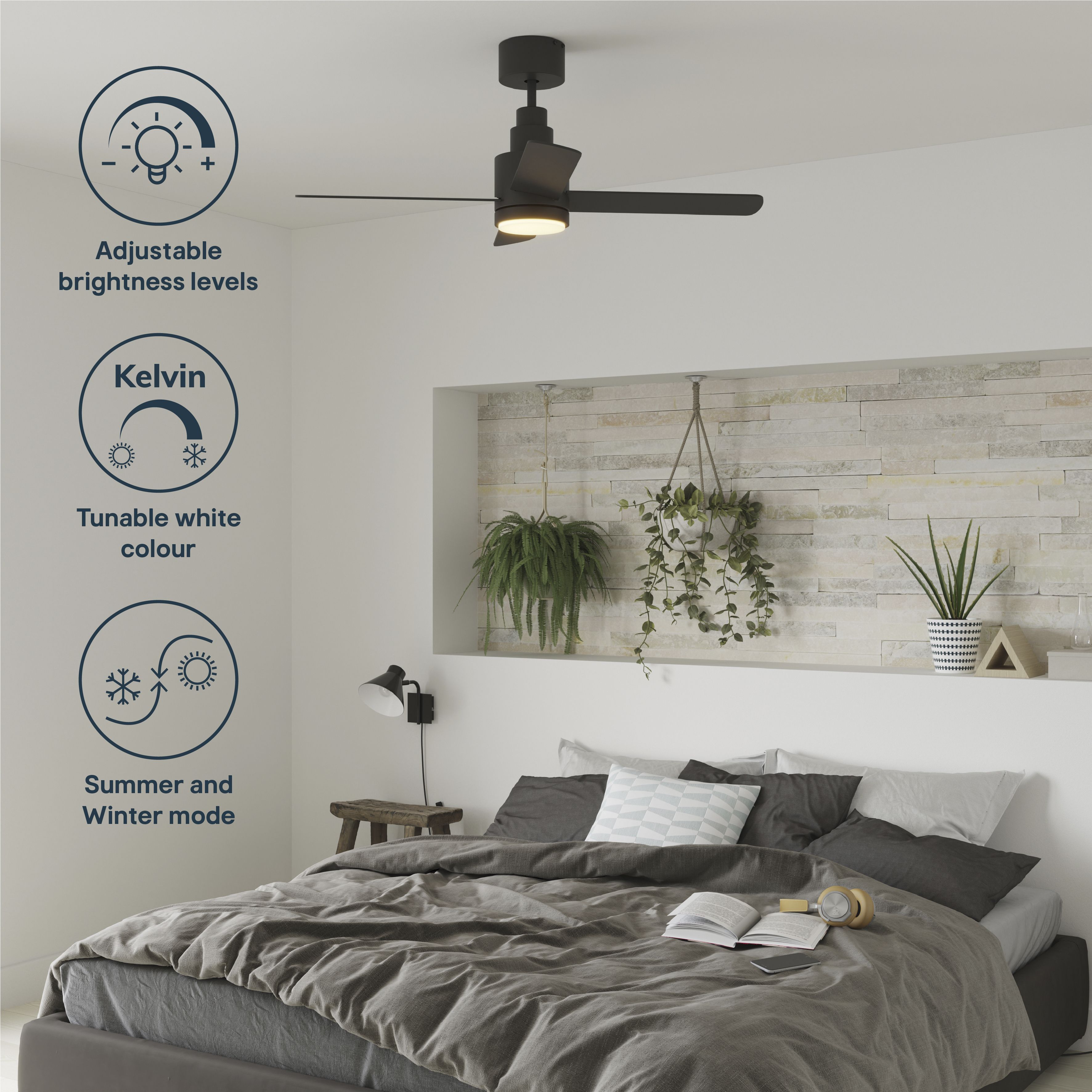 GoodHome Burbank Modern Black LED Ceiling fan light