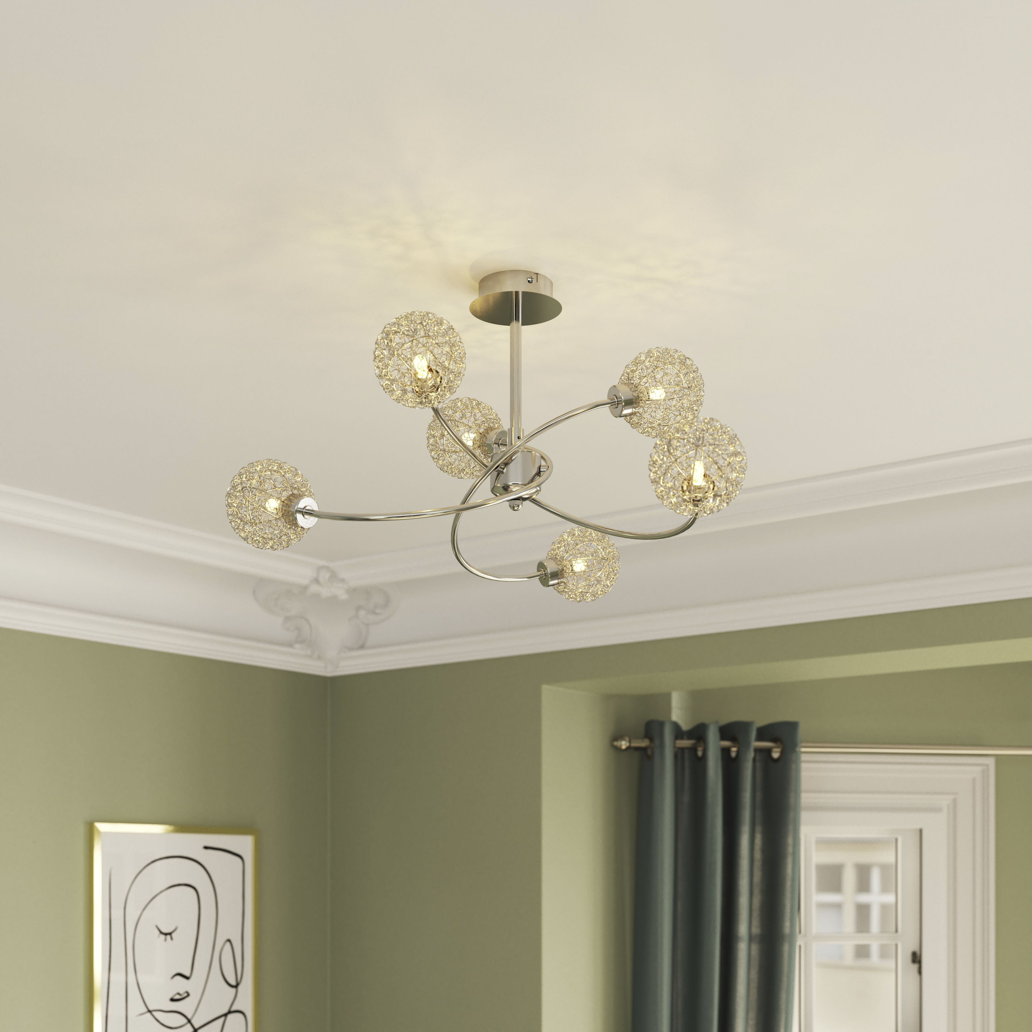 GoodHome Caelus Spiral Metal Chrome effect 6 Lamp Ceiling light