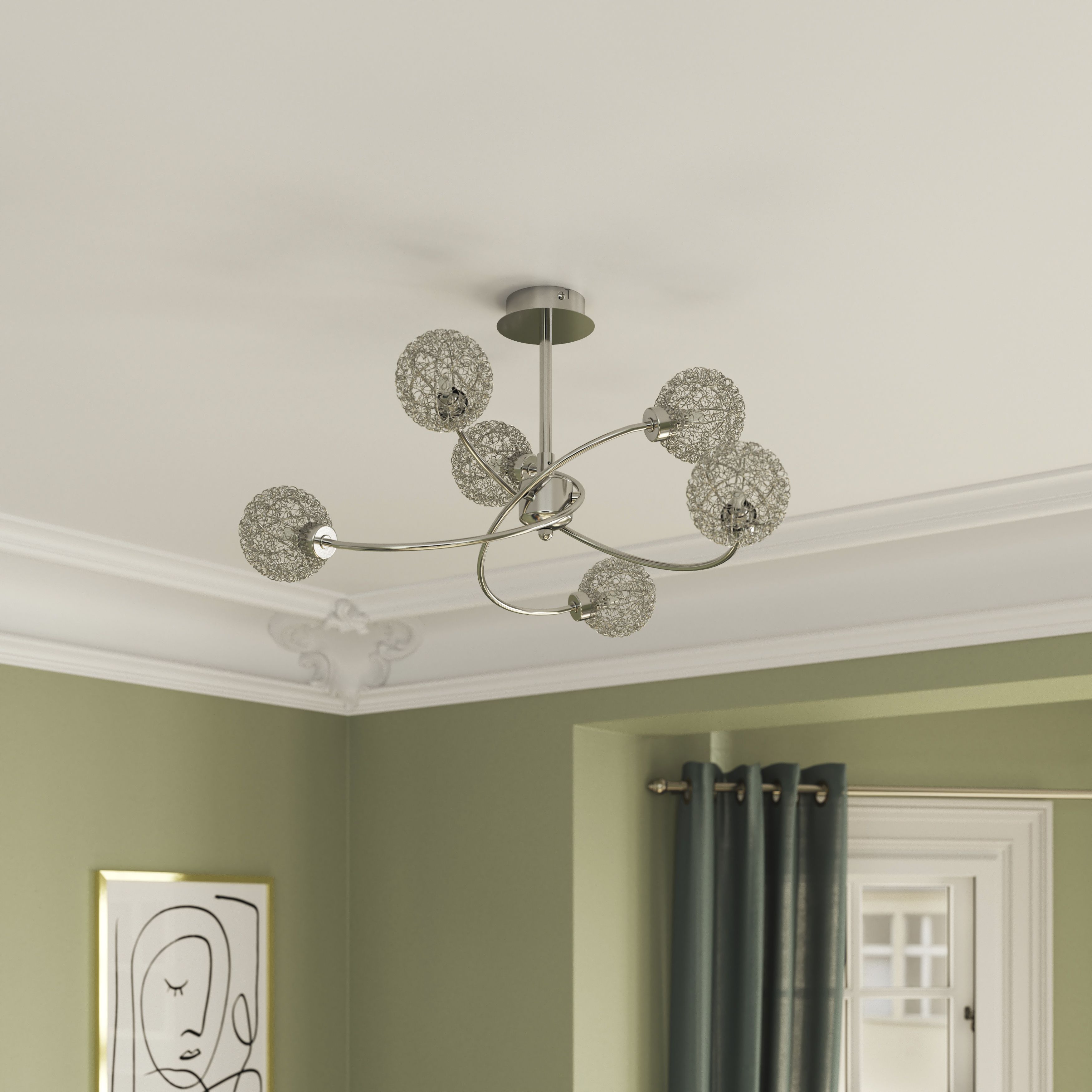 GoodHome Caelus Spiral Metal Chrome effect 6 Lamp Ceiling light