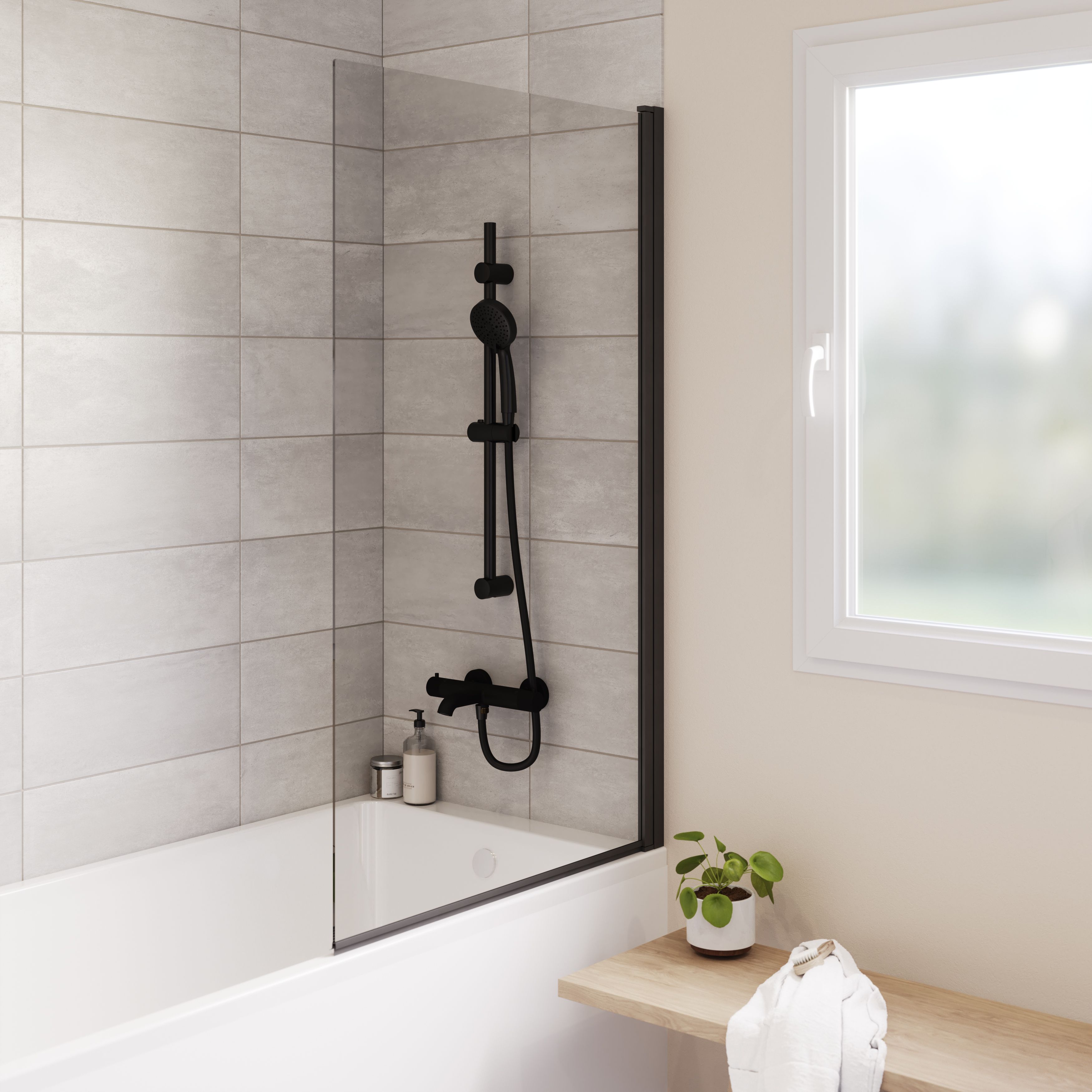 GoodHome Calera Transparent Straight Black Bath screen, (H)140cm (W)850mm