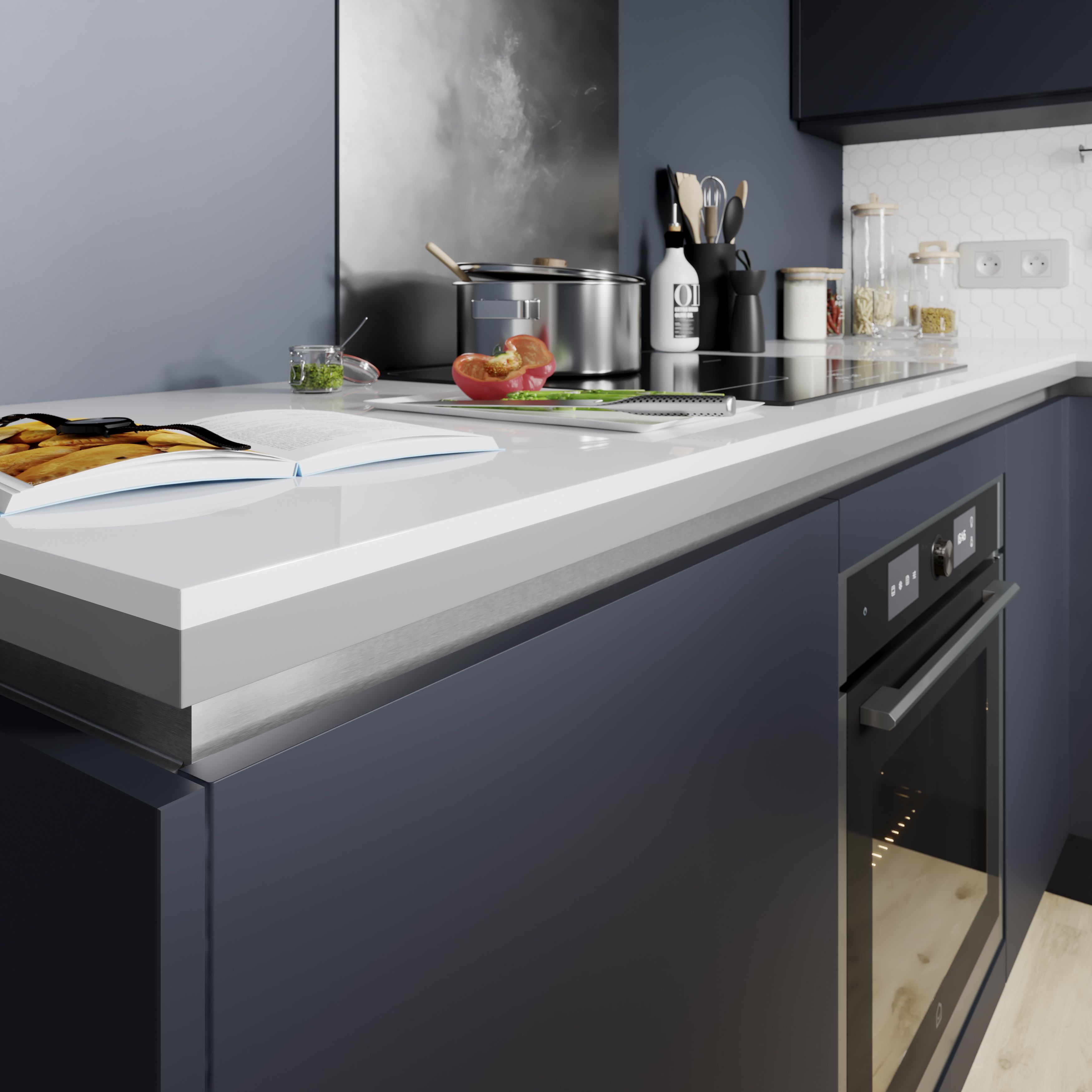 GoodHome Caraway Innovo Brushed Steel Effect Worktop rail end cap, Pair of 2