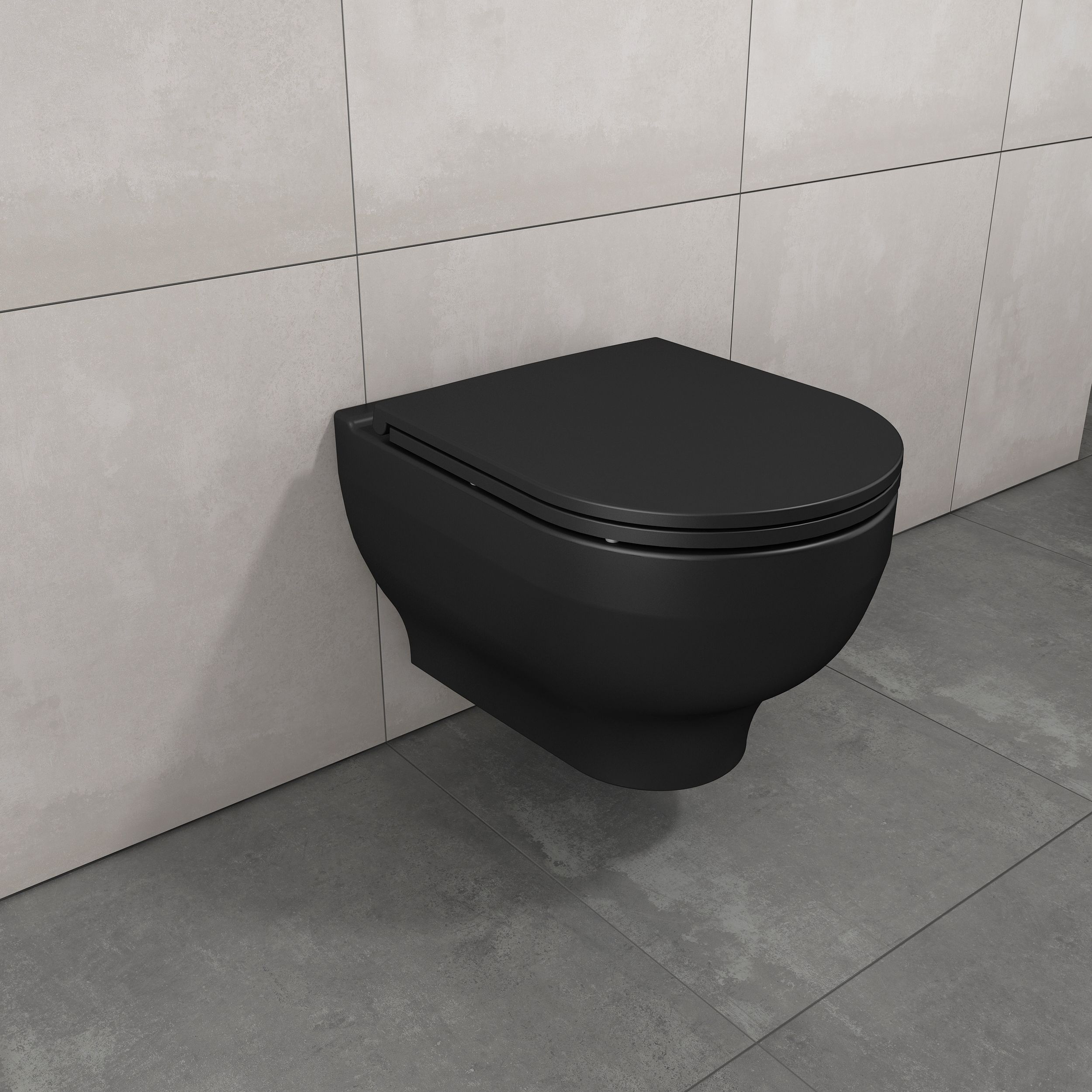 GoodHome Cavally Black Rimless Wall hung Round Toilet pan with Soft close seat