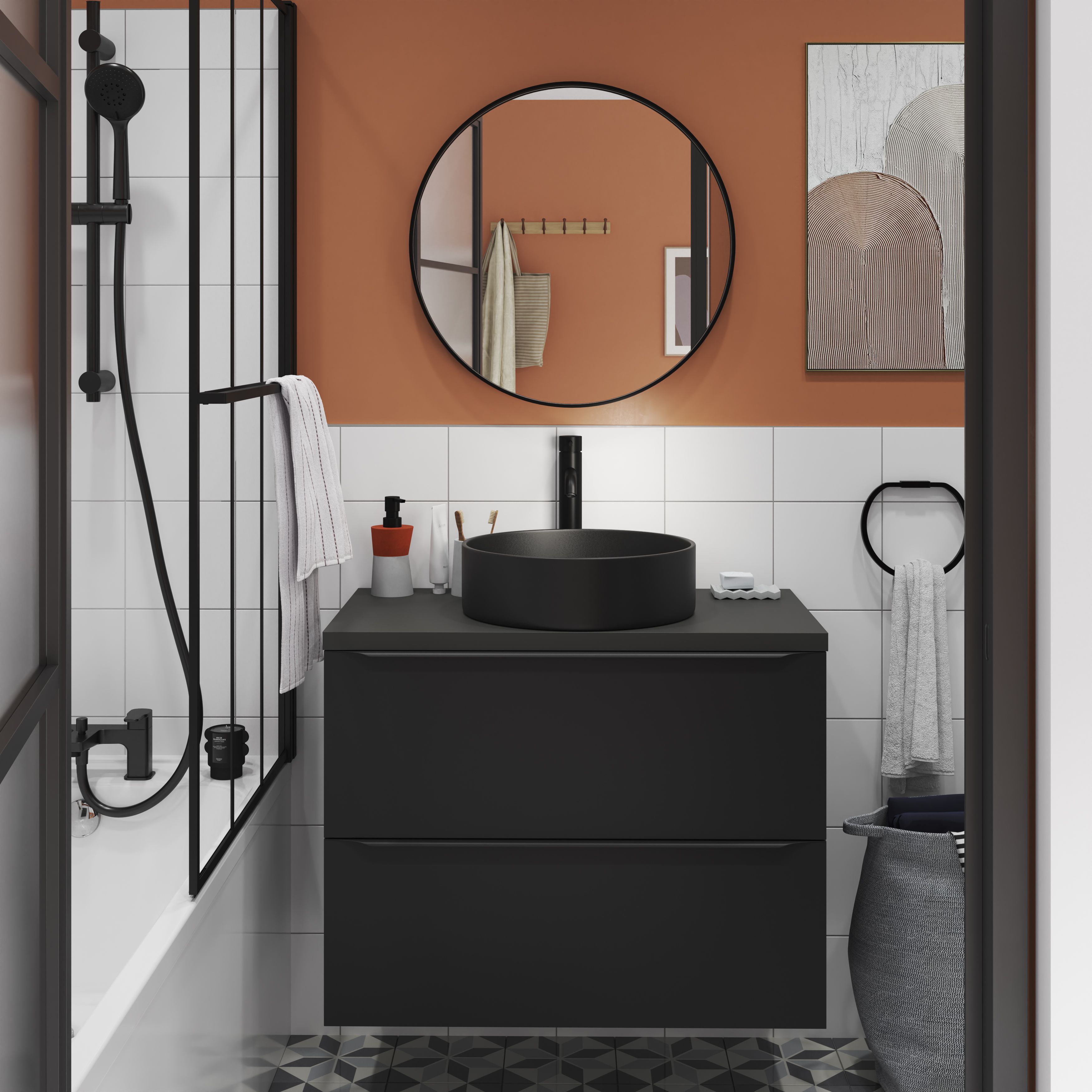 GoodHome Cavally Matt Black Ceramic disk Freestanding Mixer tap with shower kit