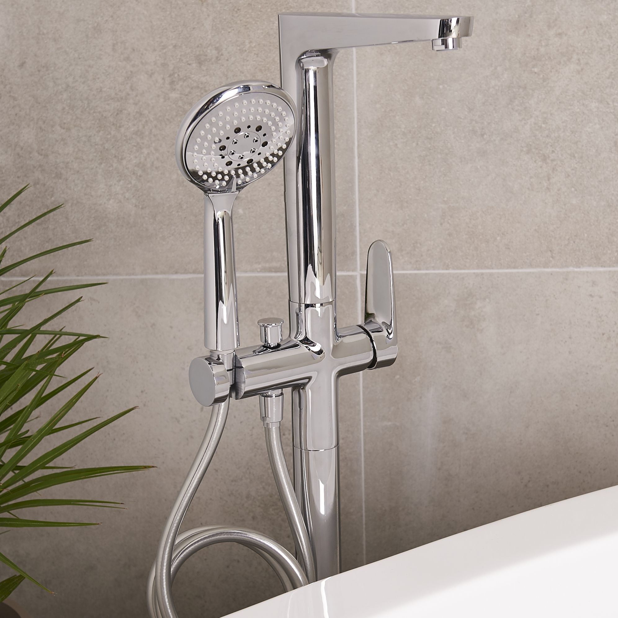 GoodHome Cavally Silver Chrome effect Ceramic disk Floor-mounted Mixer tap with shower kit