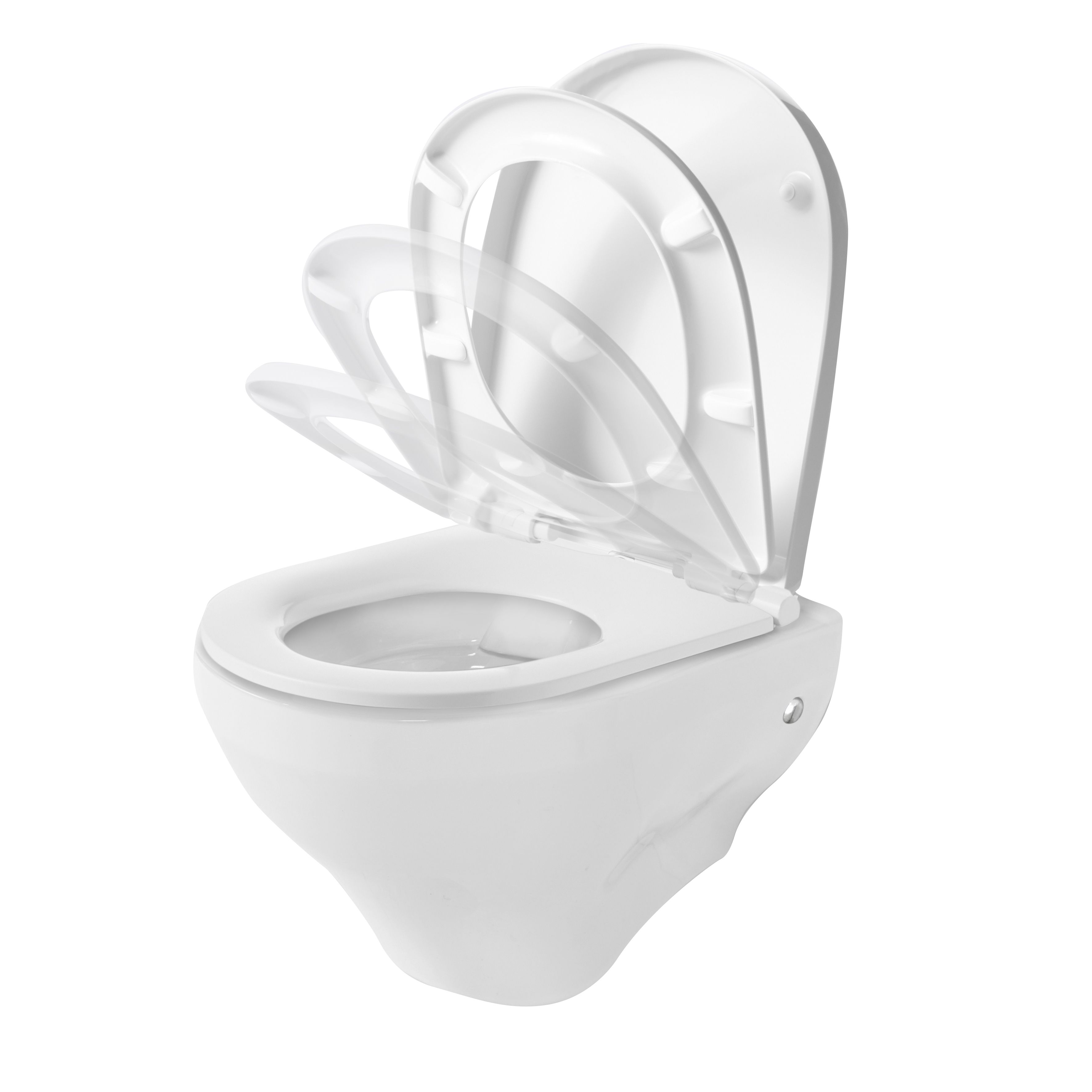 GoodHome Cavally White Rimless Back to wall Round Toilet pan with Soft close seat