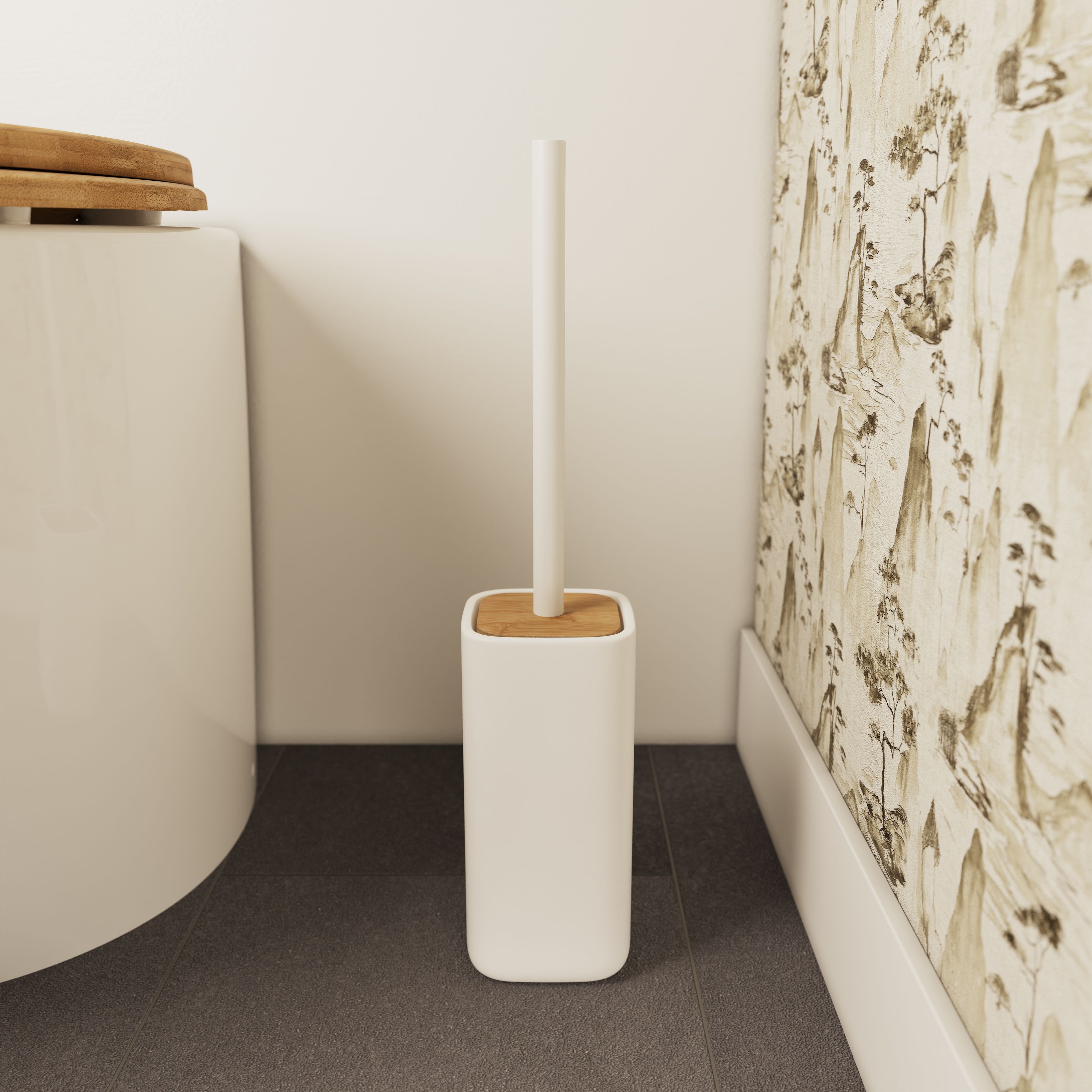 GoodHome Cervia Matt White Bamboo & ceramic Toilet brush & holder