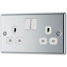 GoodHome Chrome Double 13A Switched Socket & White inserts, Pack of 5