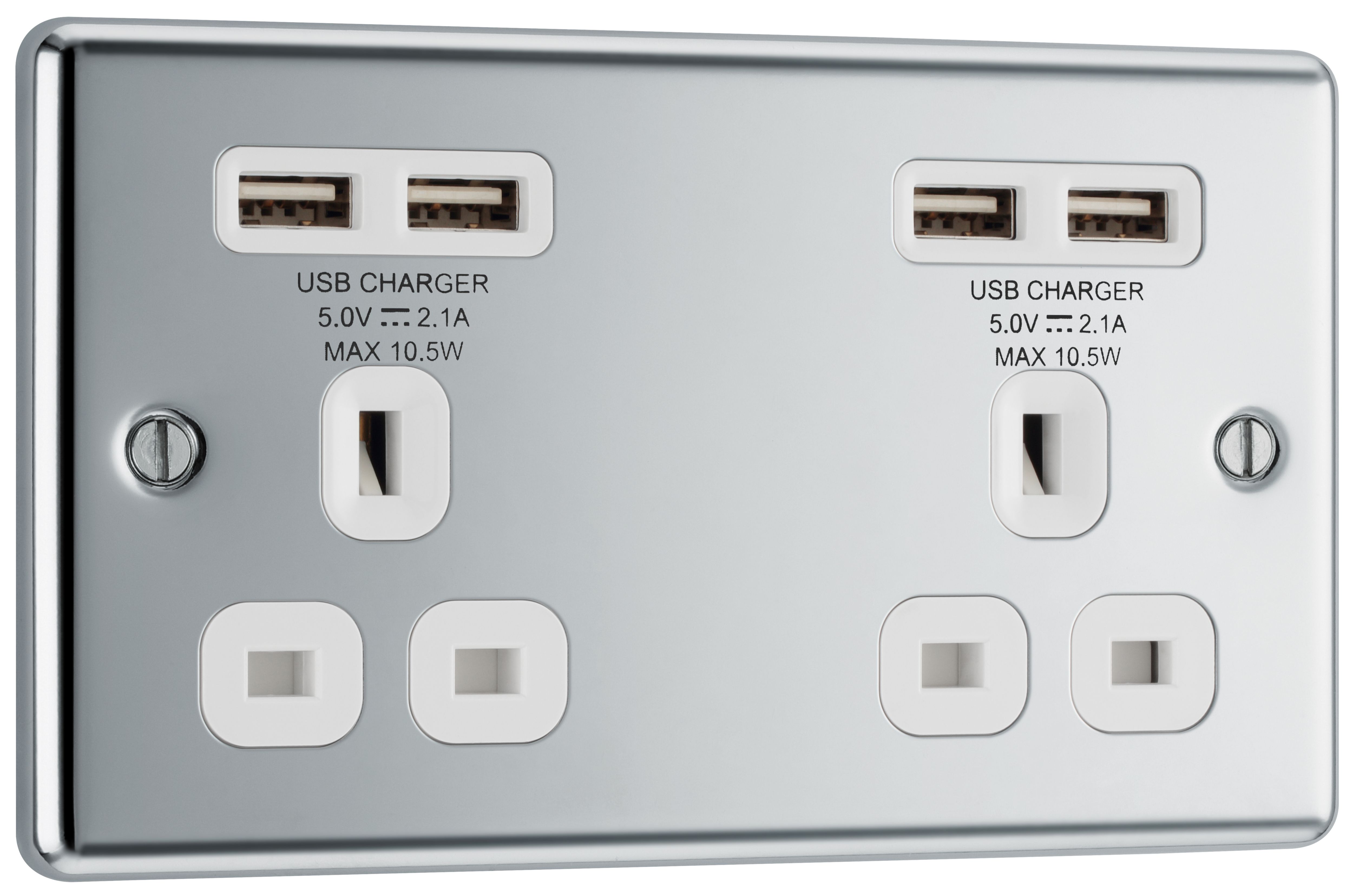 GoodHome Chrome Double 13A Unswitched Socket with USB x4 & White inserts
