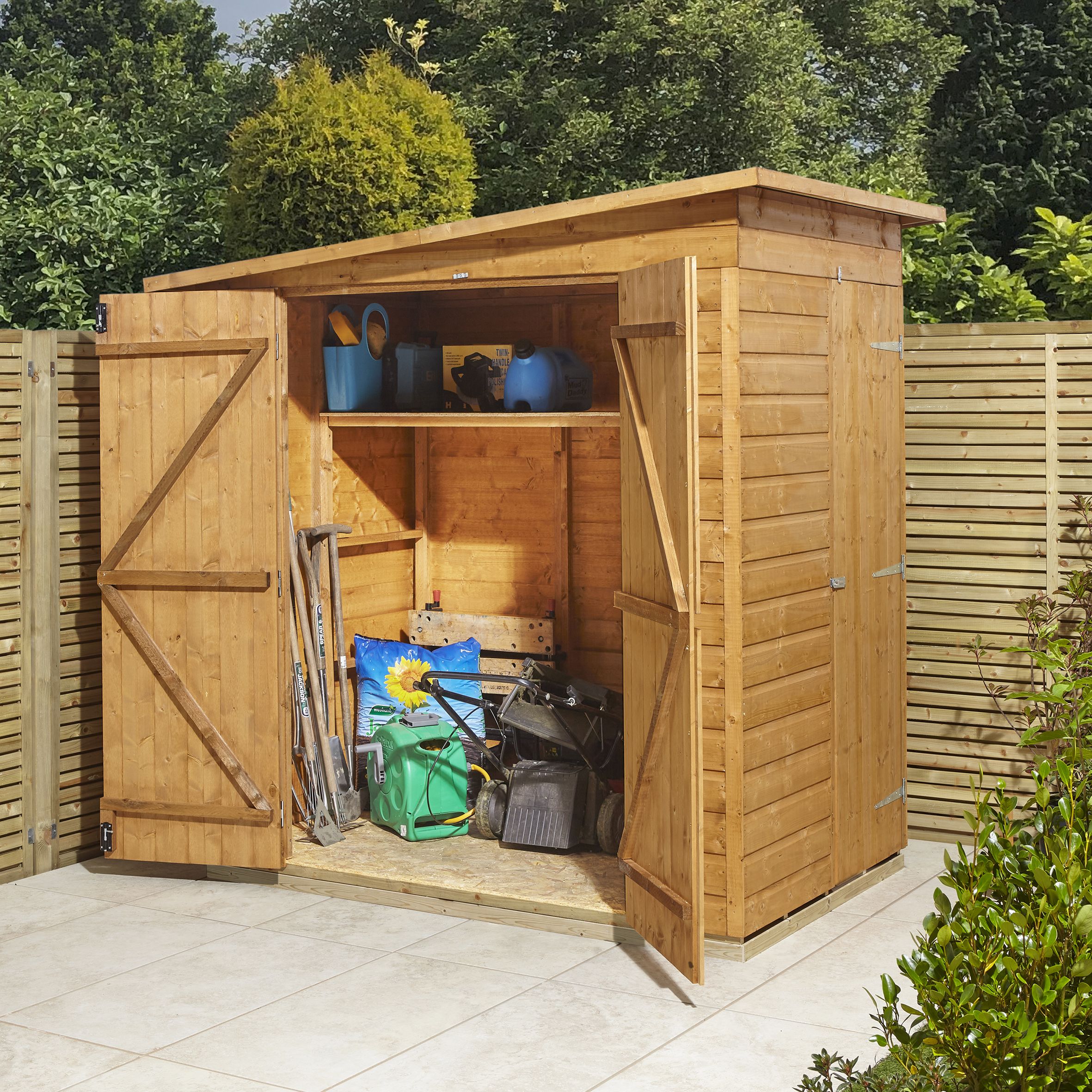 GoodHome Clapperton 6x4 ft Pent Wooden 2 door Shed with floor
