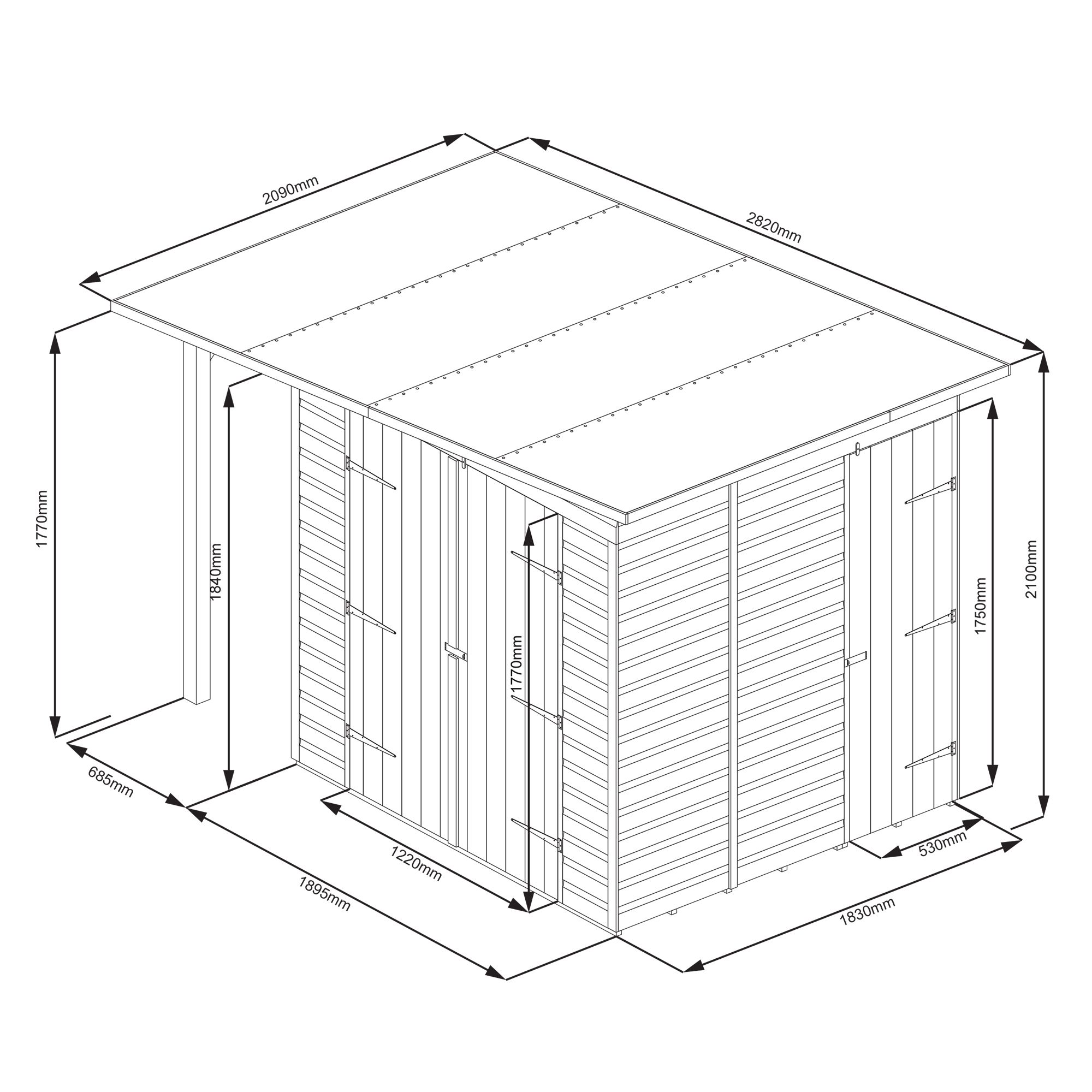 GoodHome Clapperton 8x6 ft Pent Wooden 2 door Shed with floor (Base included) - Assembly service included