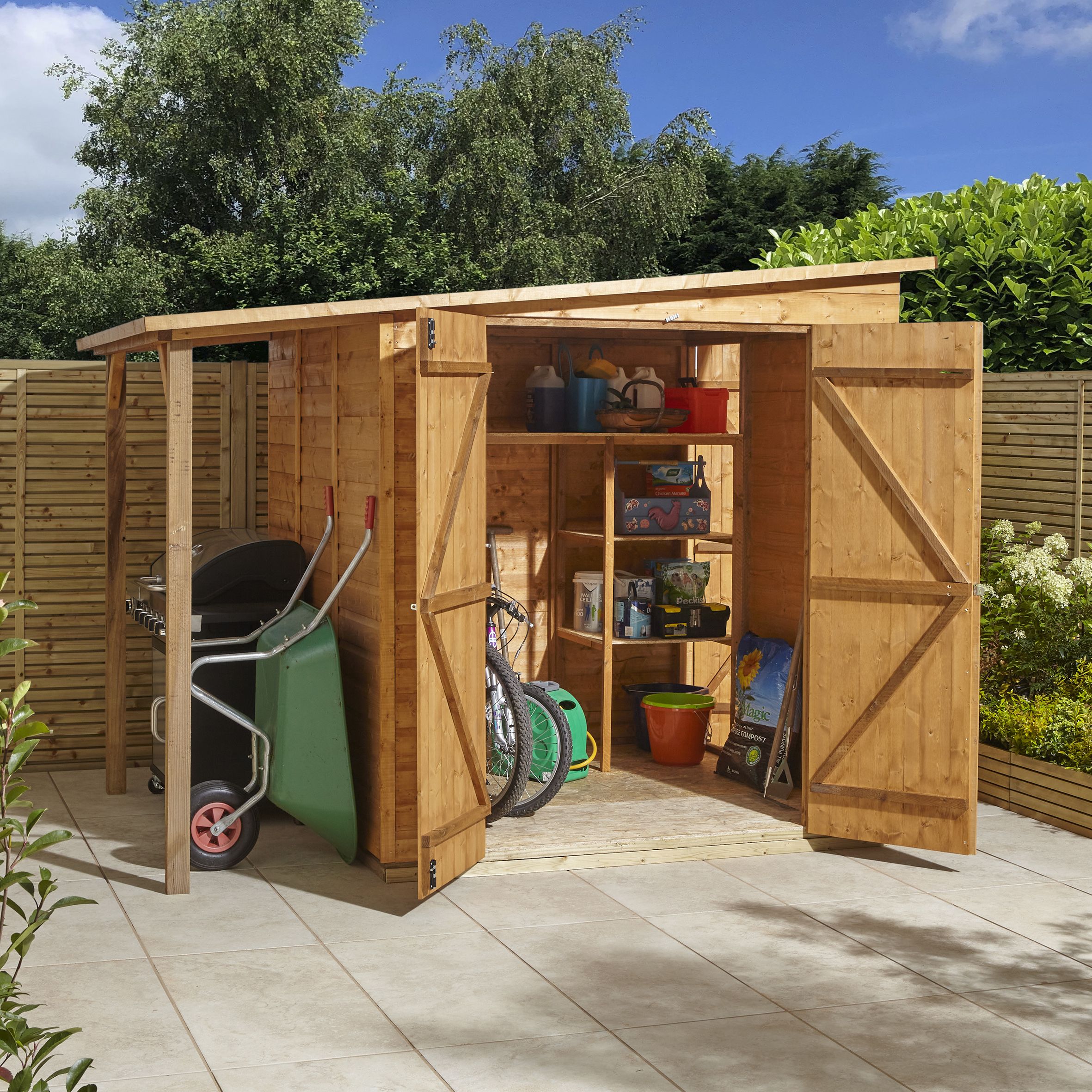 GoodHome Clapperton 8x6 ft Pent Wooden 2 door Shed with floor (Base included) - Assembly service included