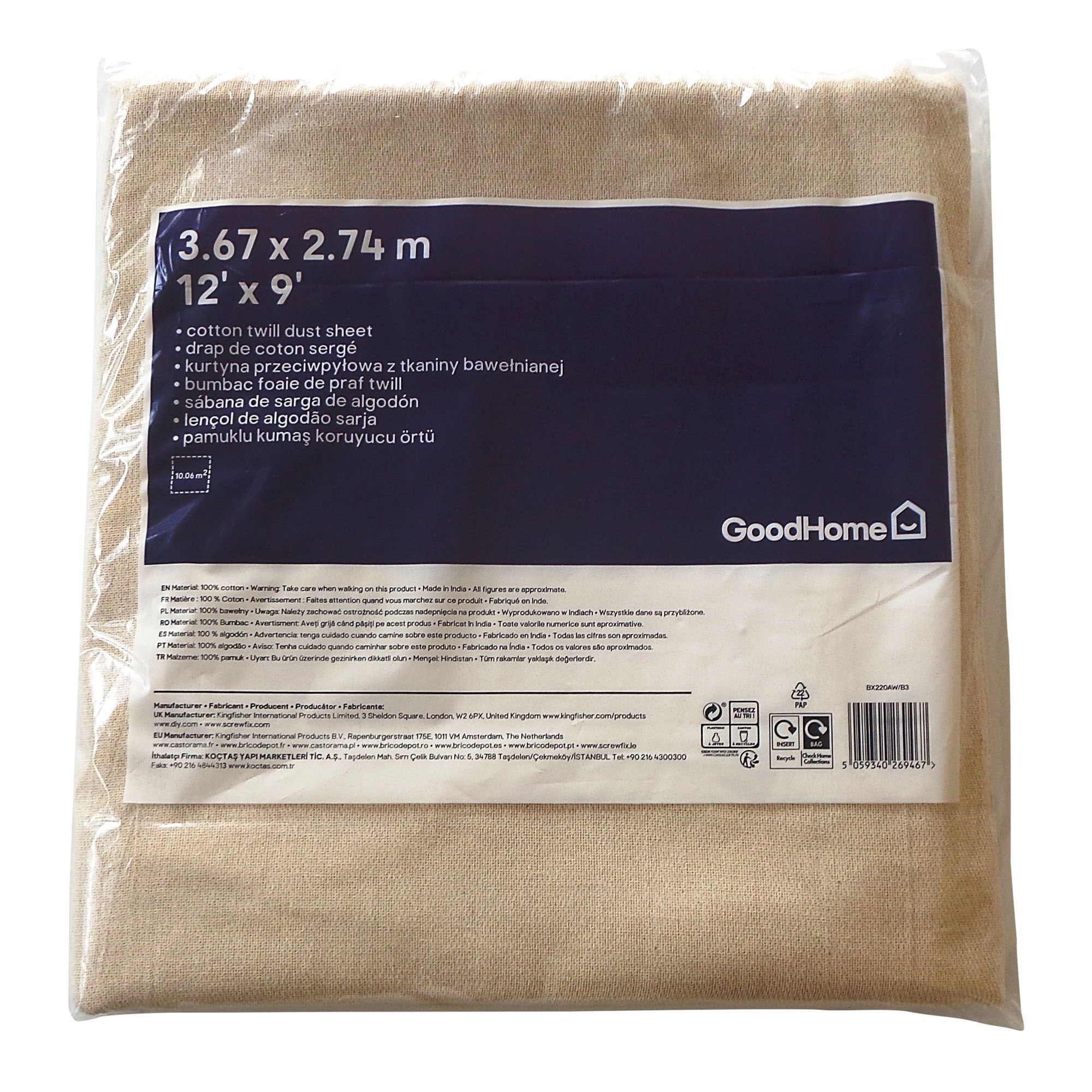 GoodHome Cotton Surface cover, (L)3.67m, (W)2.74m