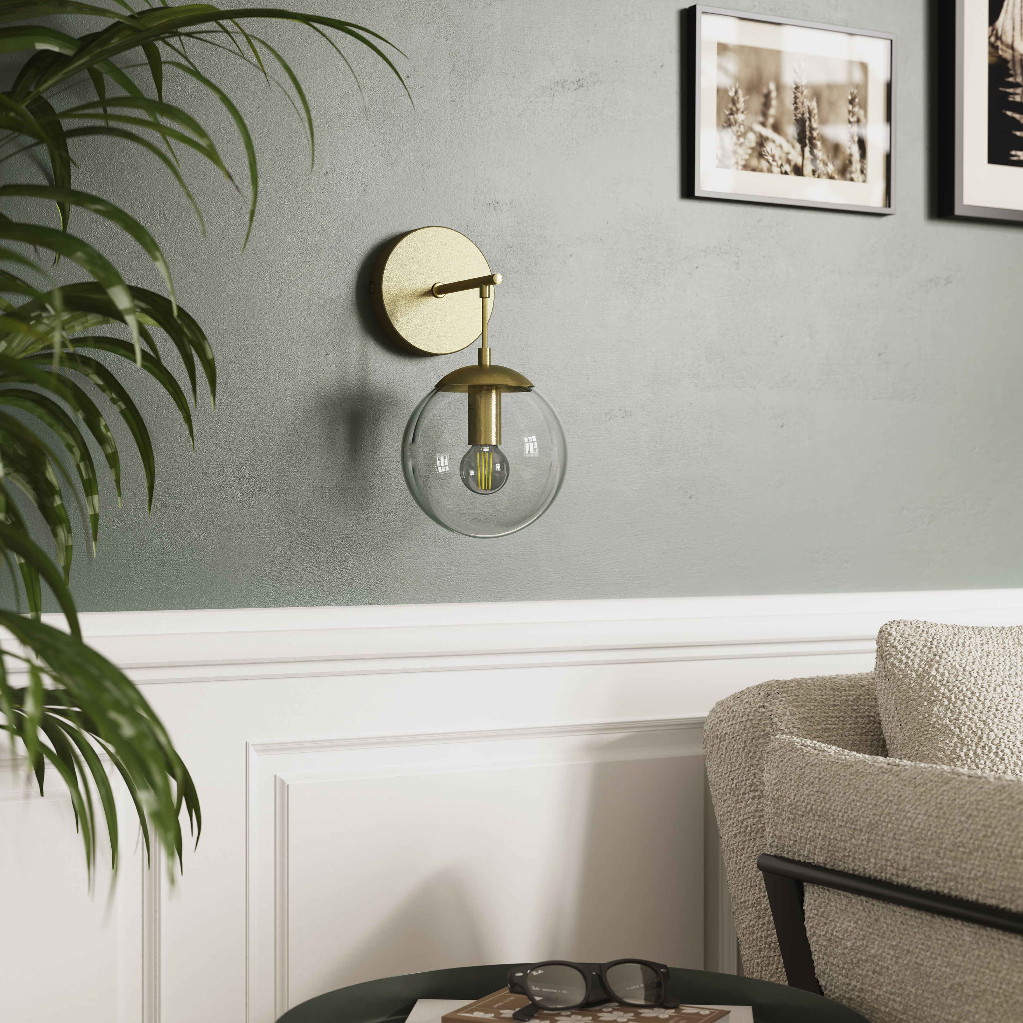 GoodHome Dacite Ball Satin Brushed Brass & clear shade Brass effect Wired LED Wall light