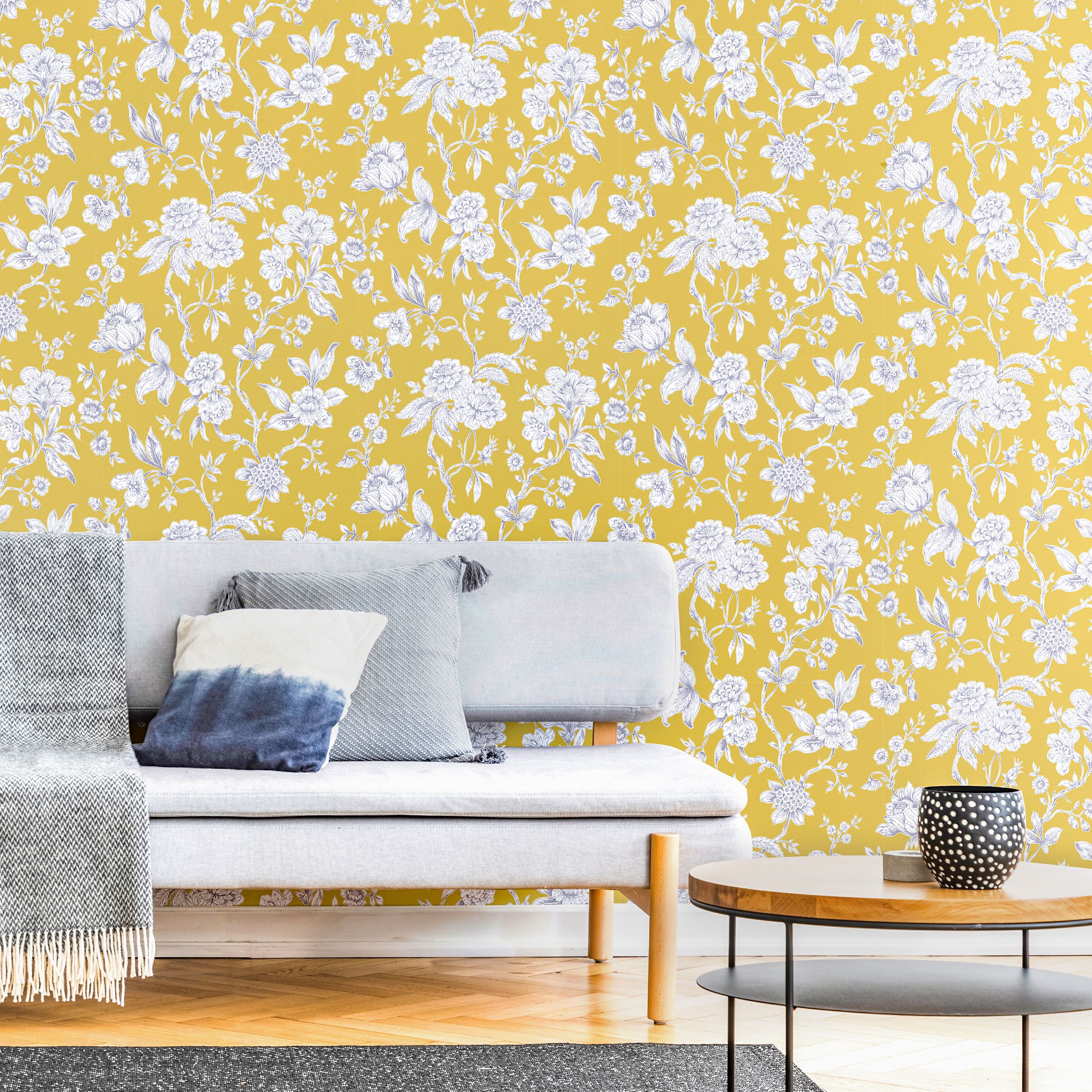 GoodHome Davenham Yellow Metallic effect Floral Smooth Wallpaper