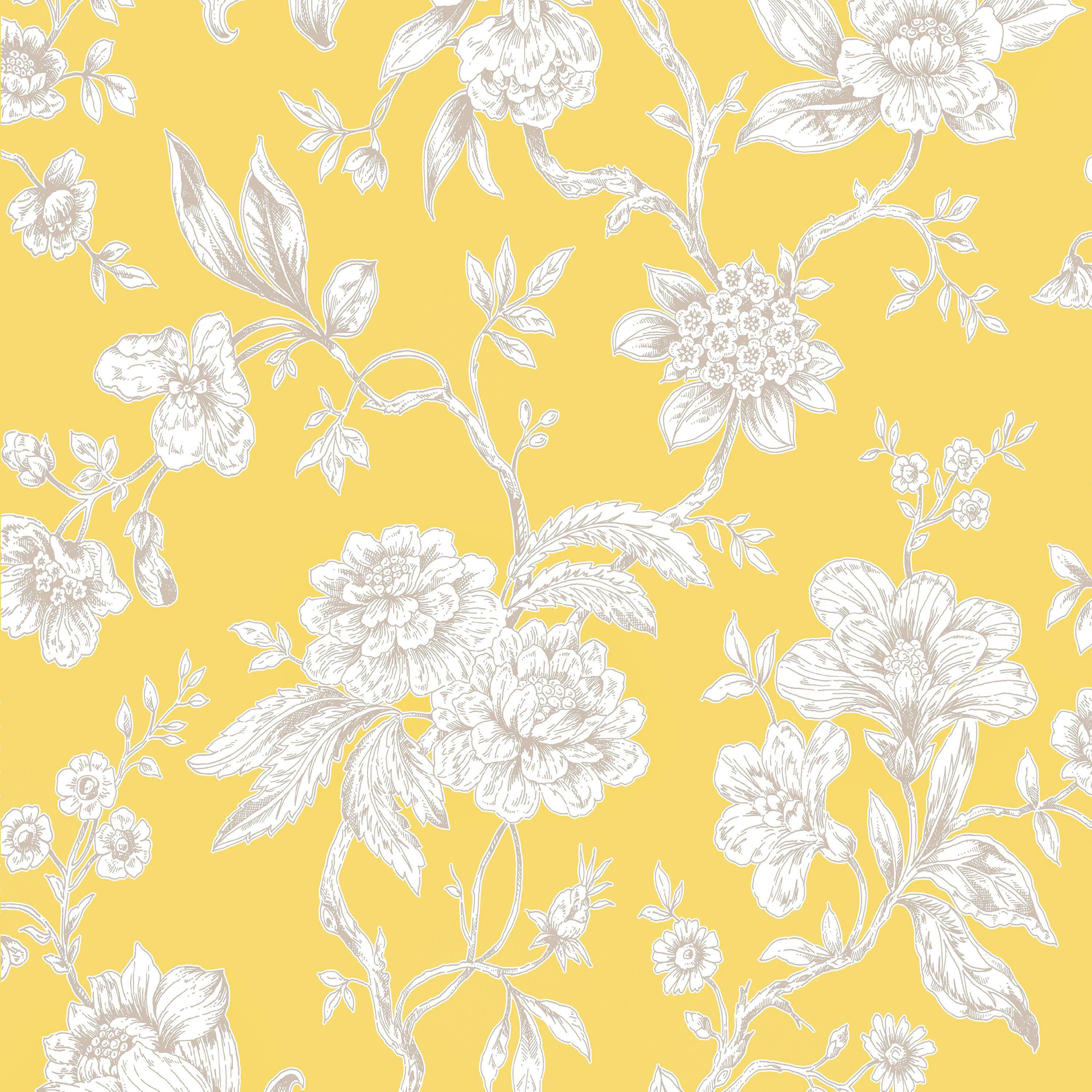 GoodHome Davenham Yellow Metallic effect Floral Smooth Wallpaper