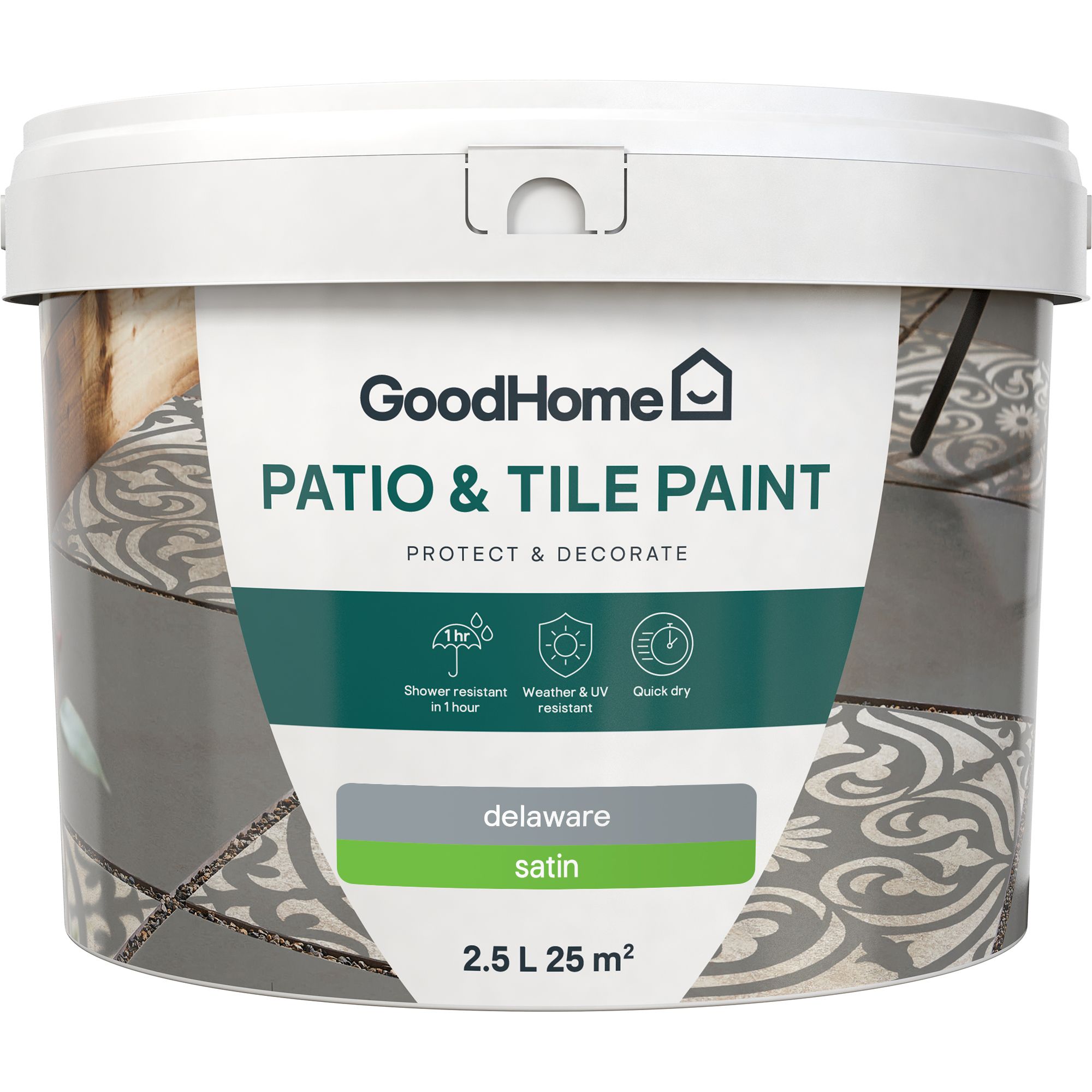 GoodHome Delaware Satin Patio & tile paint, 2.5L Tin