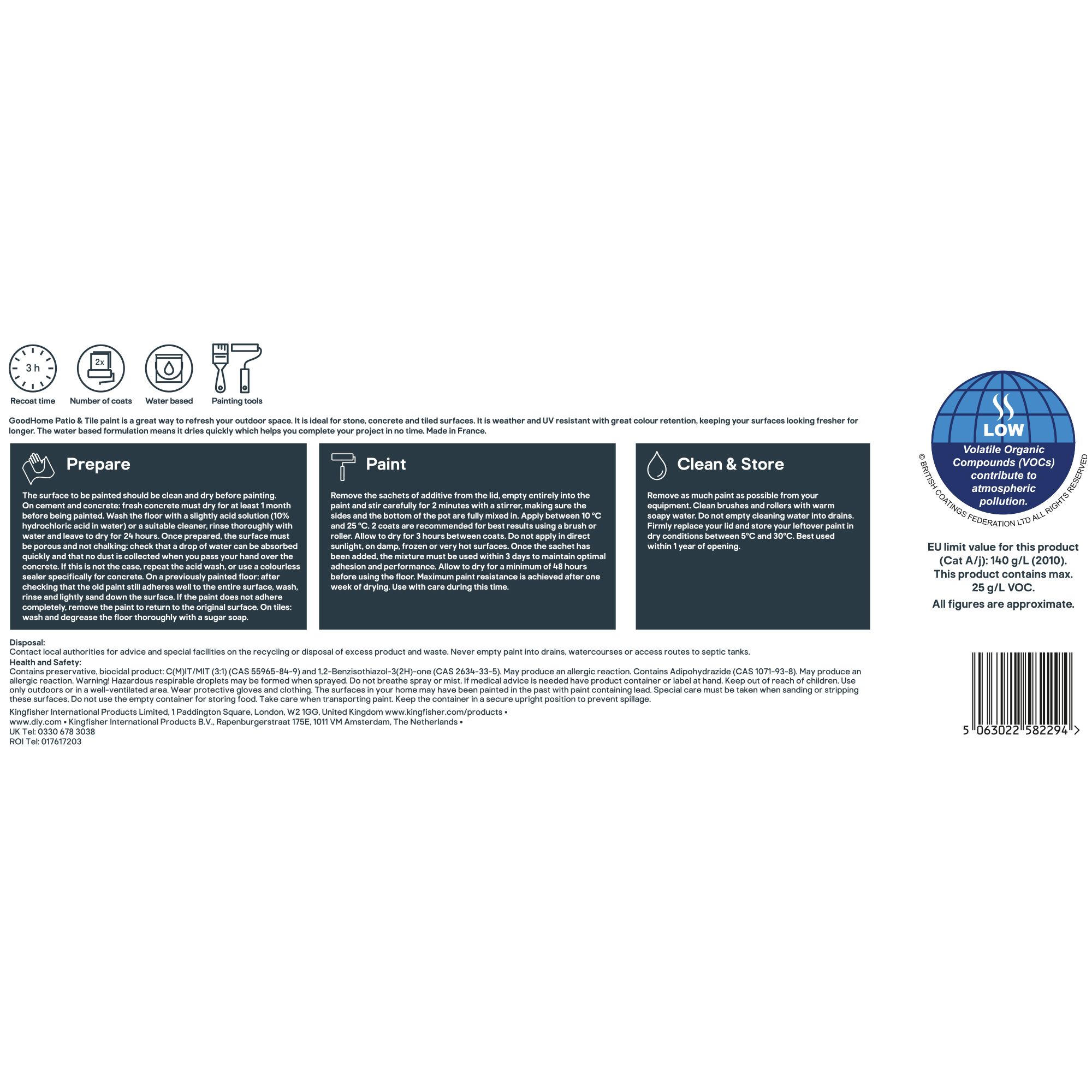 GoodHome Delaware Satin Patio & tile paint, 2.5L Tin