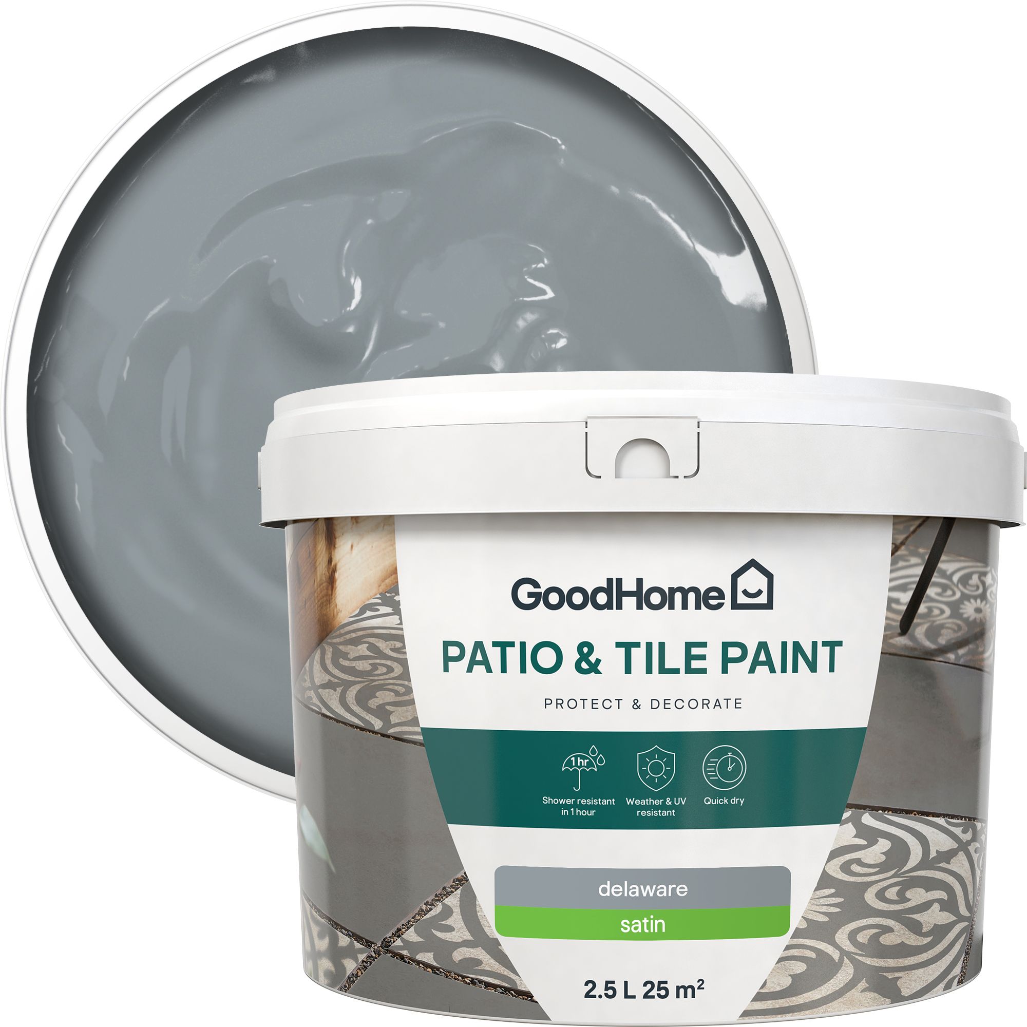 GoodHome Delaware Satin Patio & tile paint, 2.5L Tin