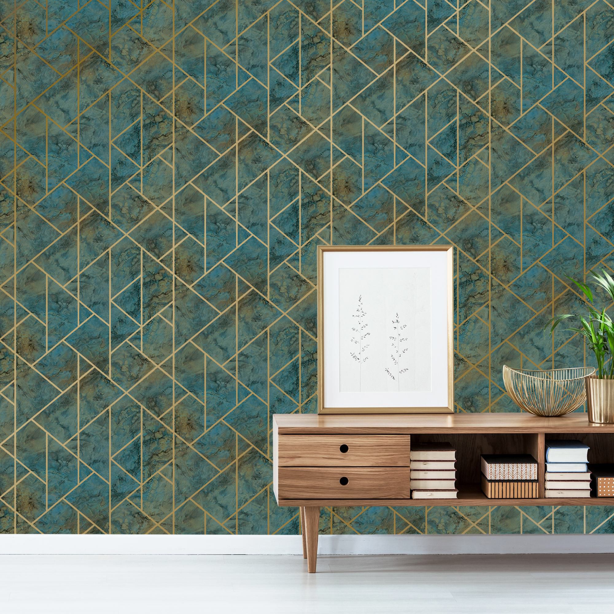 GoodHome Diap Teal Metallic effect Geometric Textured Wallpaper
