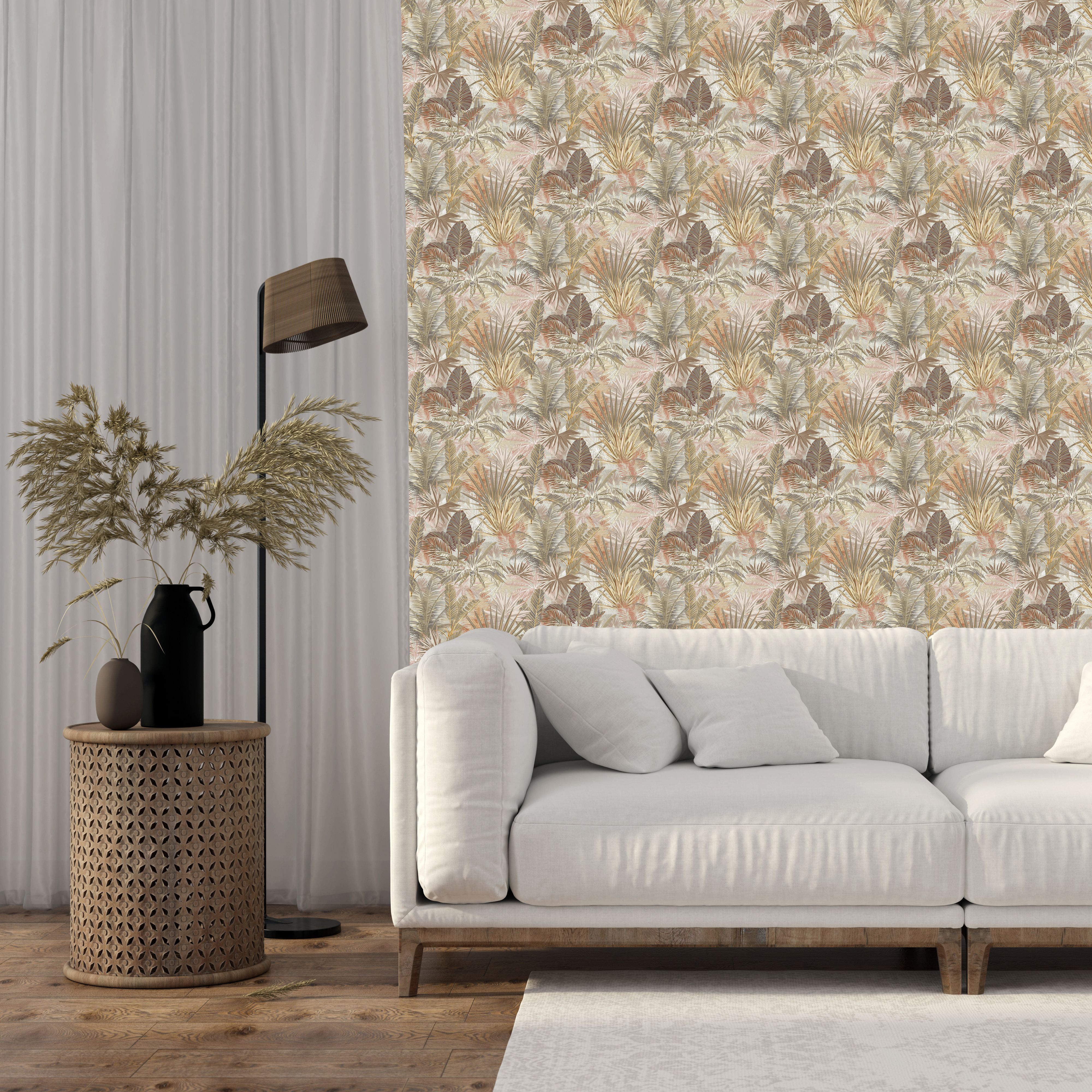 GoodHome Dioman Beige Tropical leaves Textured Wallpaper