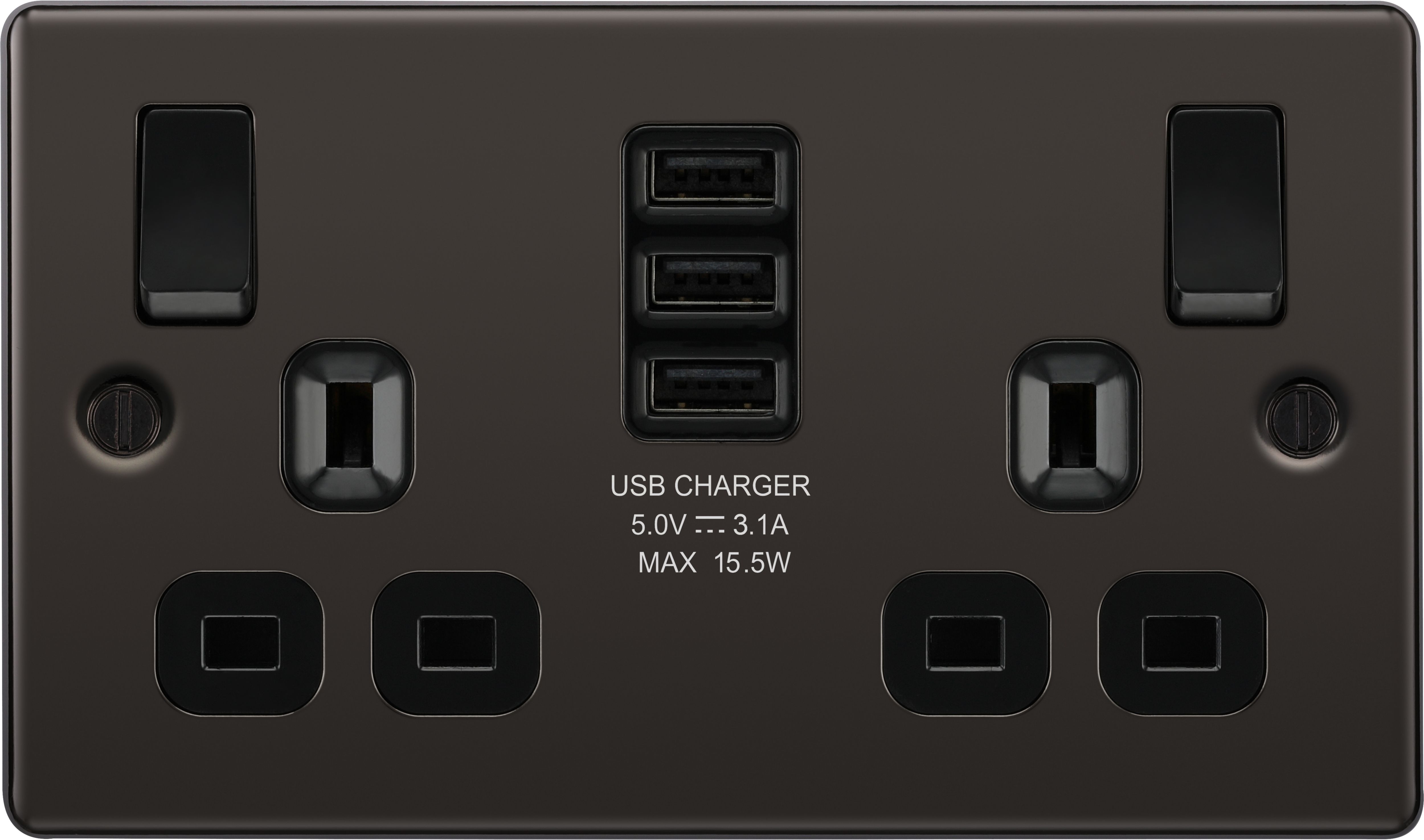 GoodHome Double 13A Switched Gloss Black Socket with USB x3 3.1A