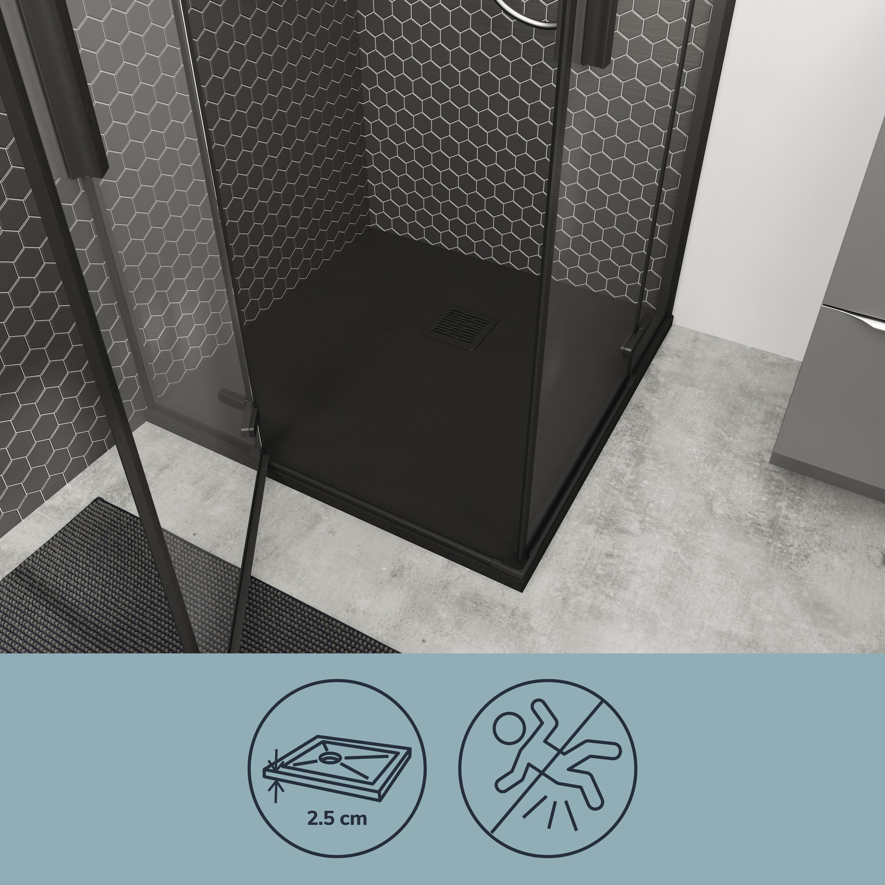 GoodHome Douro Matt Black Square Reversible drainer Shower tray (L)800mm (W)800mm (H) 30mm
