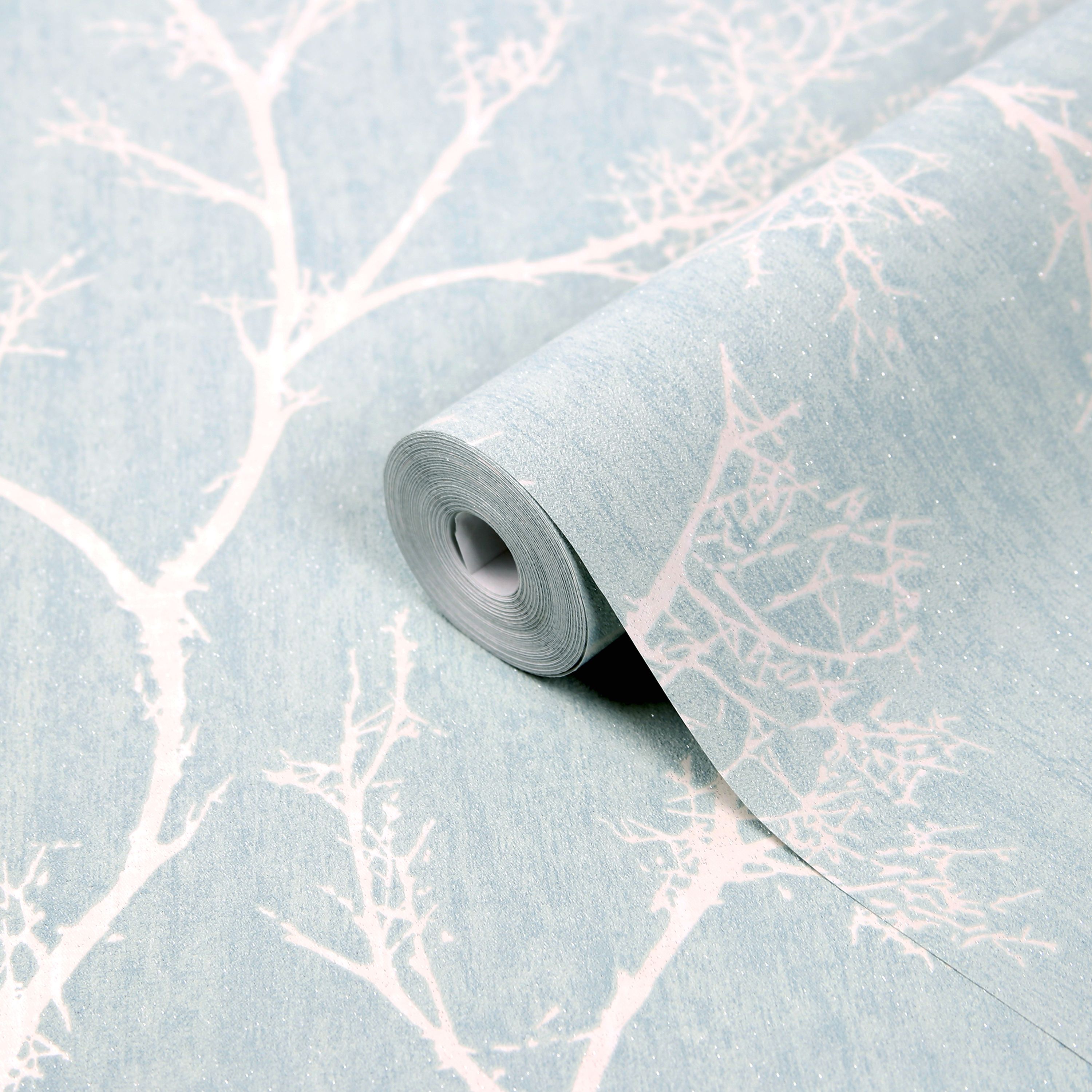 GoodHome Drave Blue & white Tree Glitter effect Textured Wallpaper