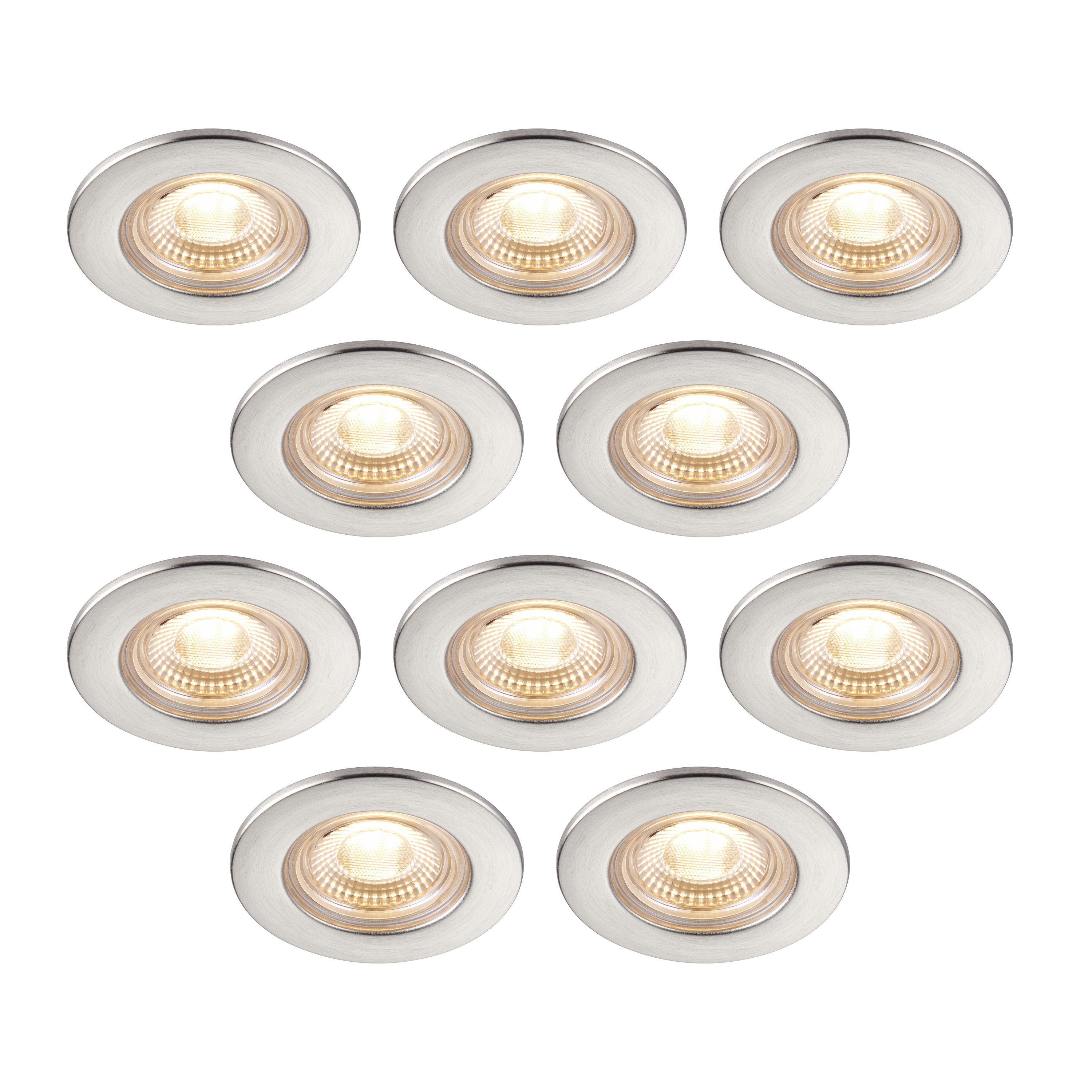 GoodHome Drexler Satin Nickel effect Fixed LED Fire-rated Warm white Downlight IP65, Pack of 10