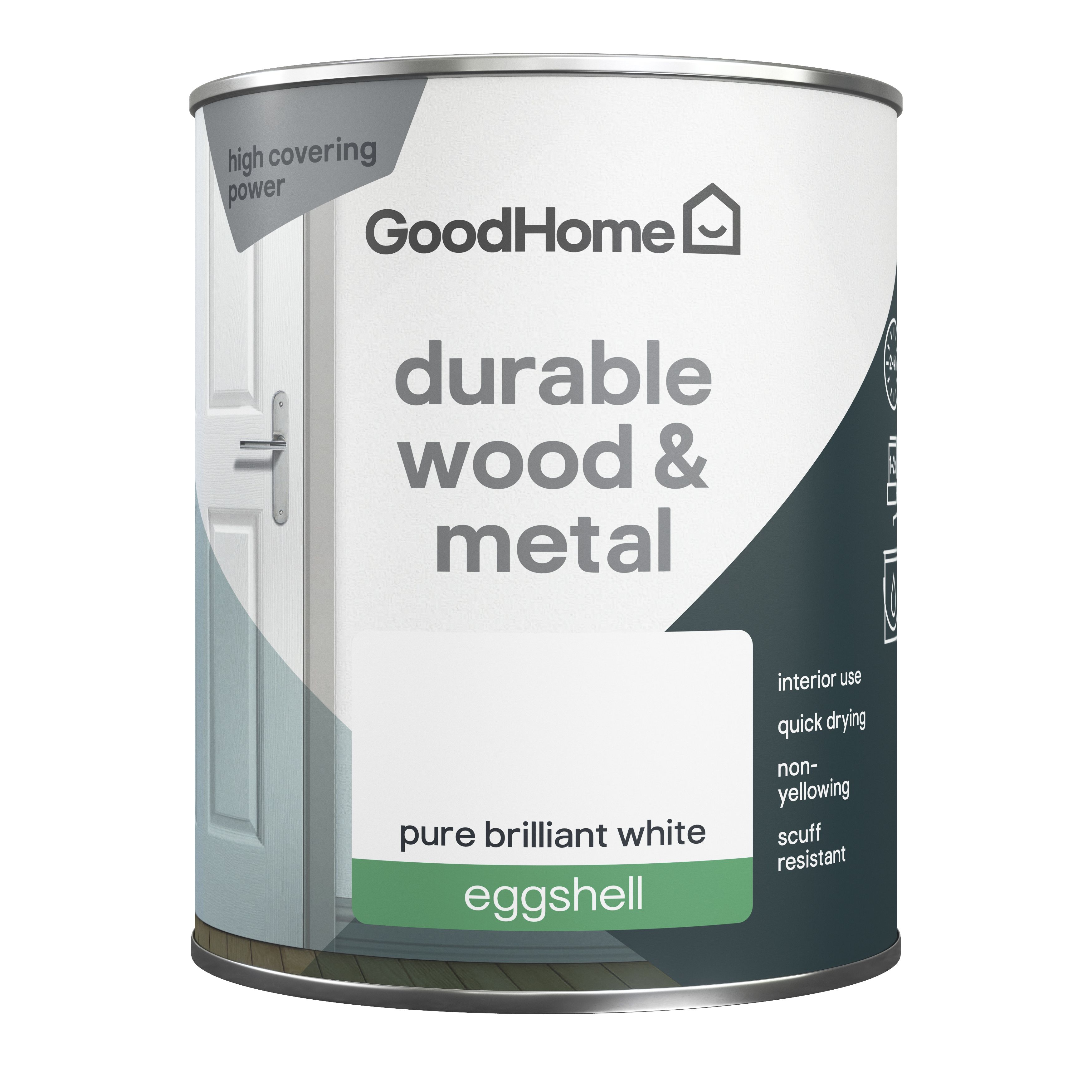 GoodHome Durable Pure Brilliant White Eggshell Metal & wood paint, 750ml