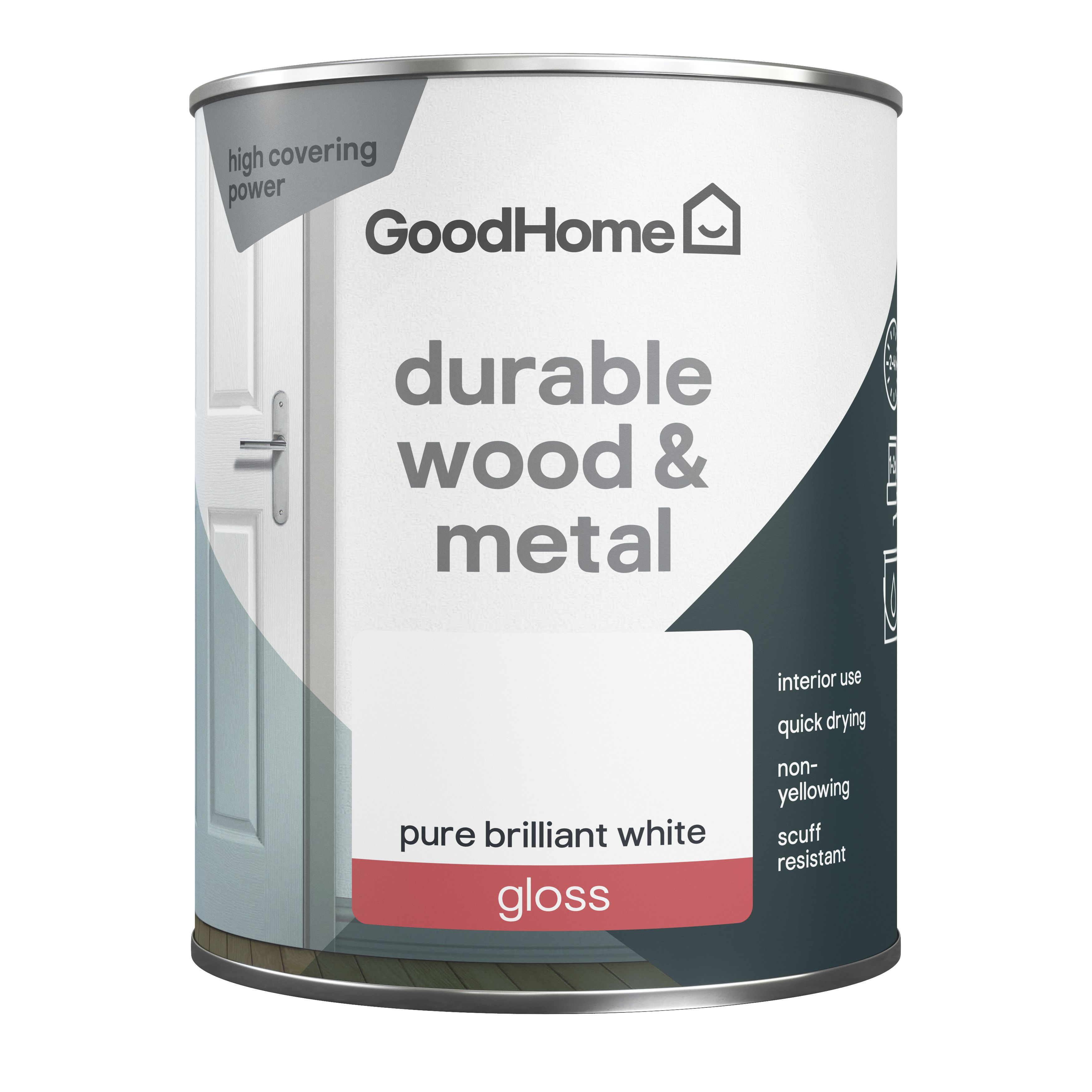 GoodHome Durable Pure Brilliant White Gloss Metal & wood paint, 750ml