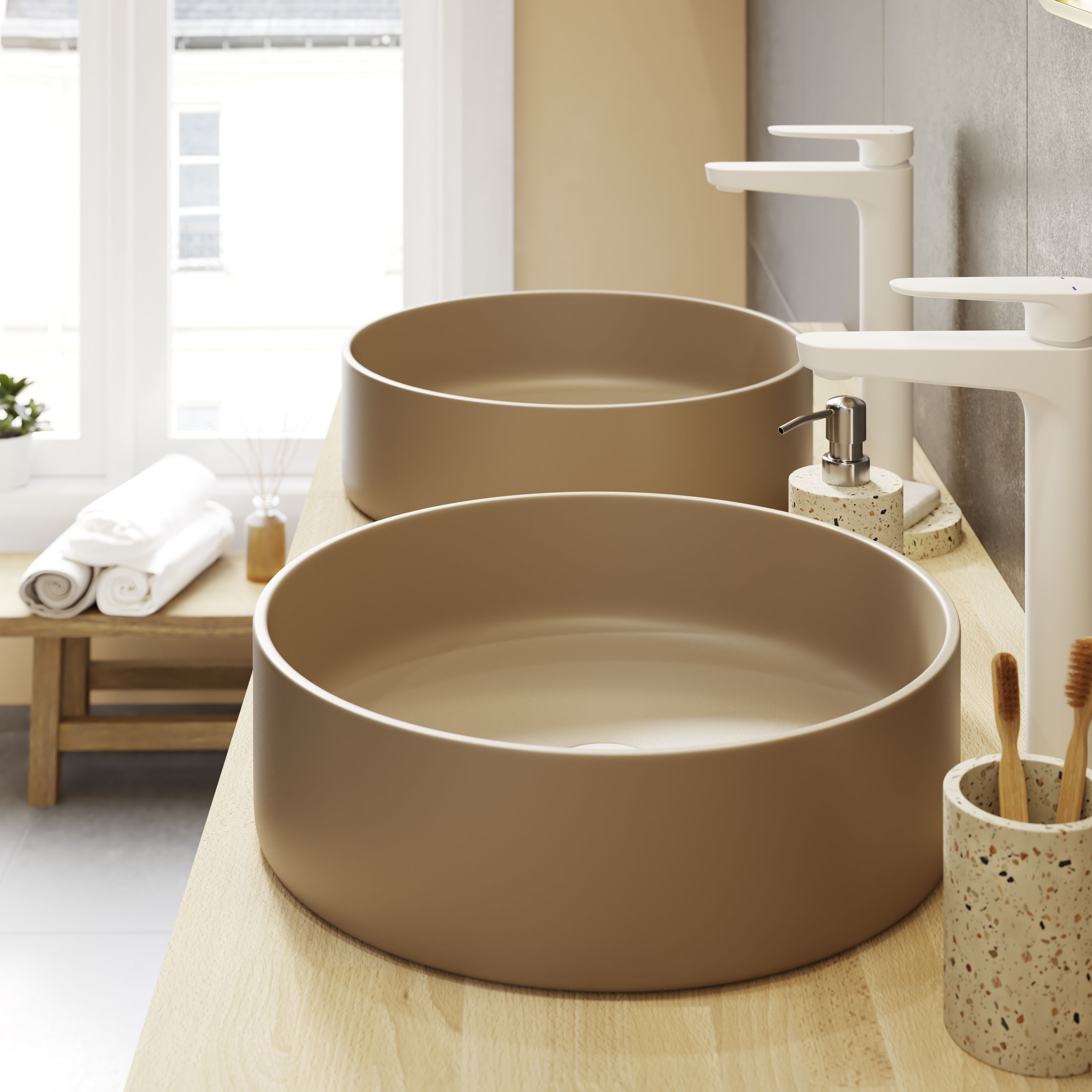 GoodHome Elland Matt Beige Terrazzo effect Concrete & polyresin Soap dish