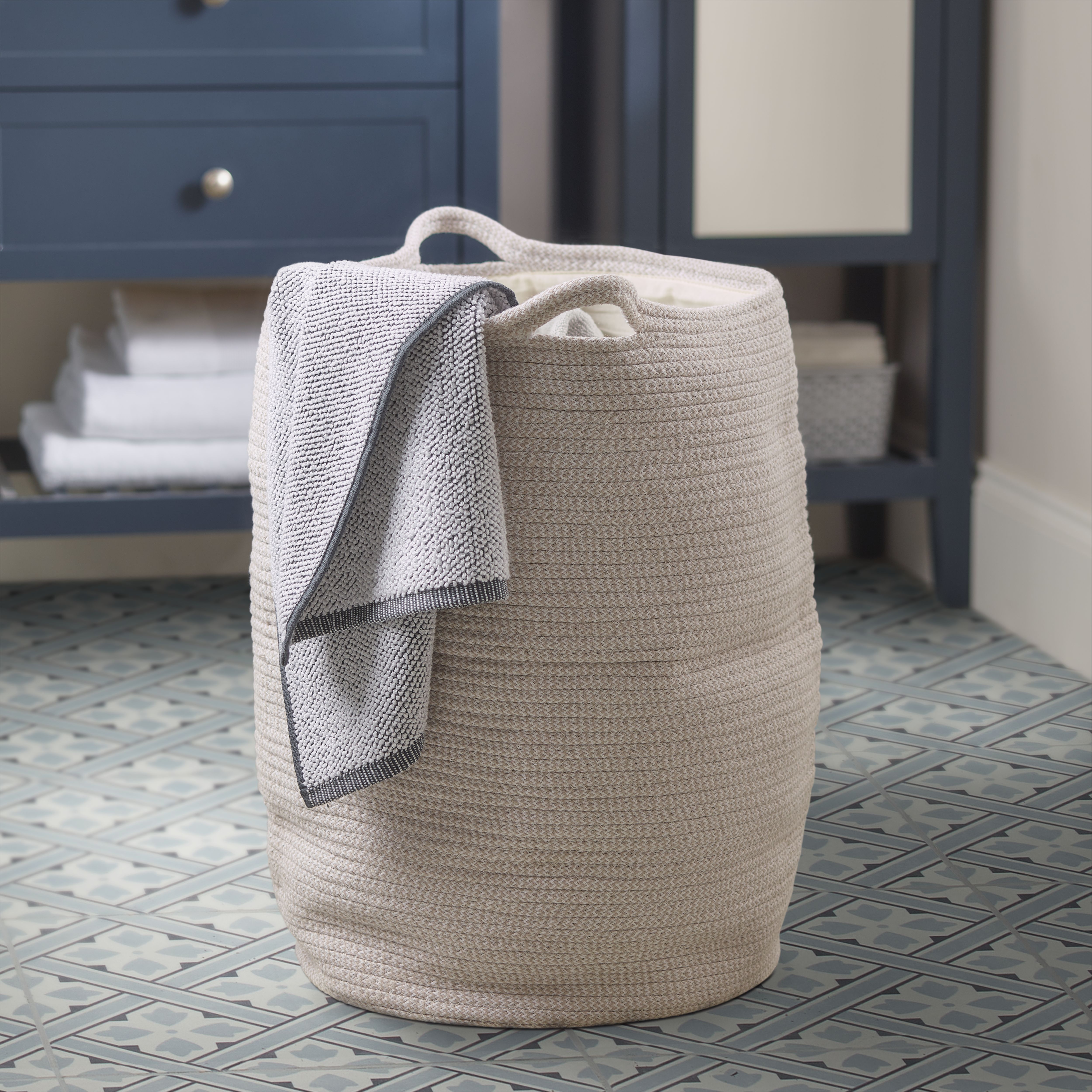 GoodHome Elland Pebble & White Cotton Laundry bin, 59L