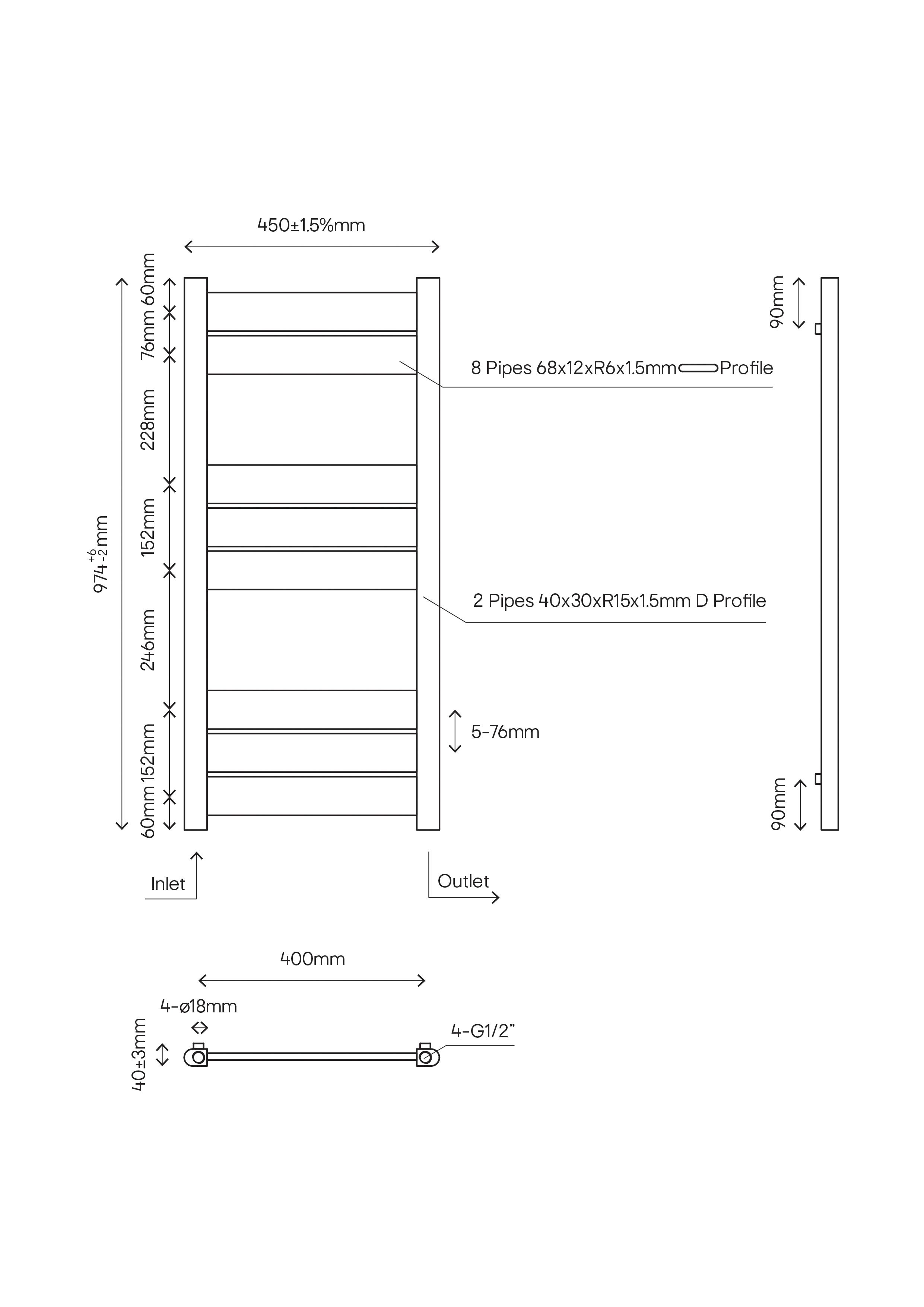 GoodHome Ellesmere, White Vertical Flat Towel radiator (W)450mm x (H)974mm