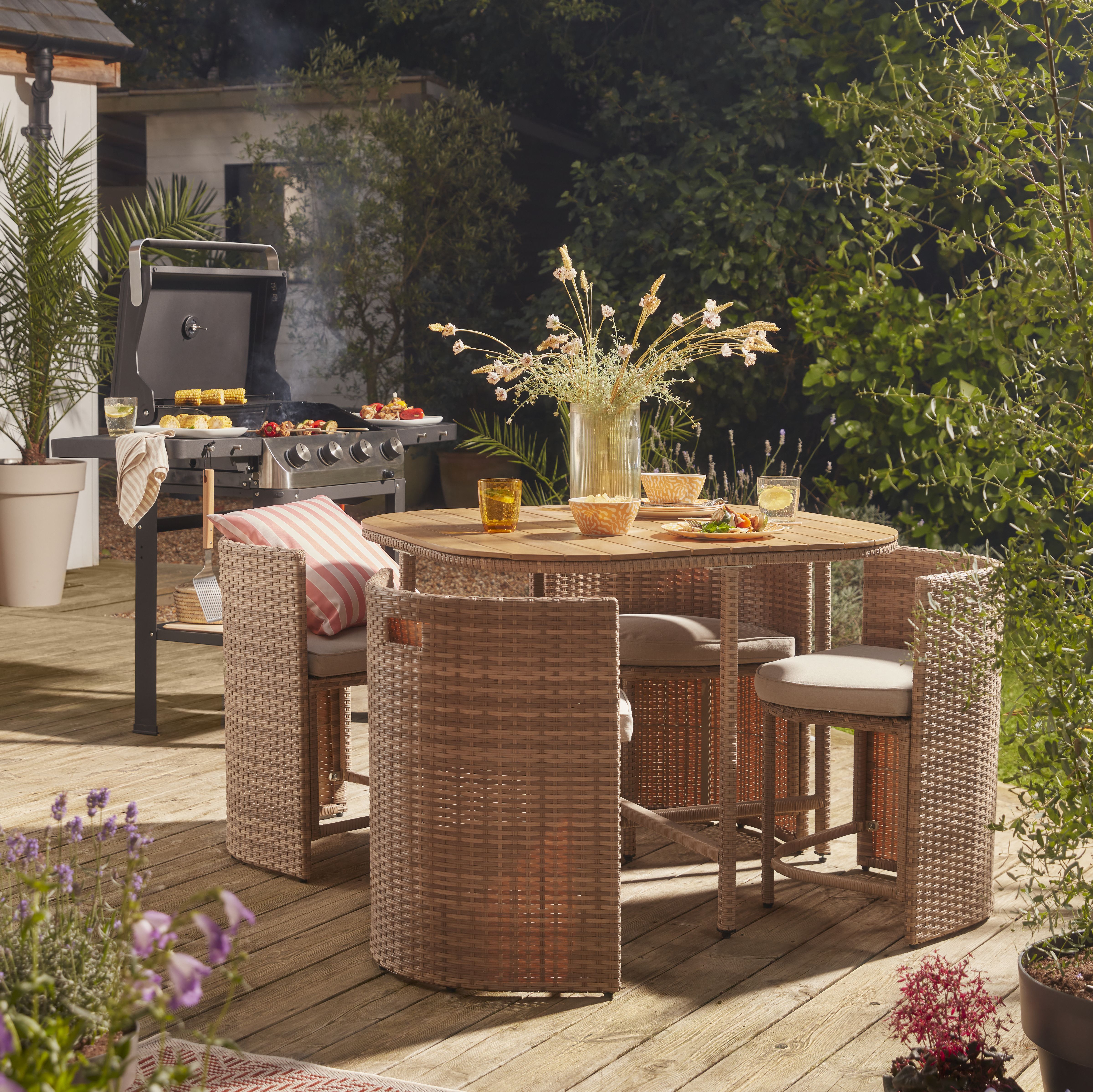 GoodHome Elos Beige Rattan effect 4 seater Dining set