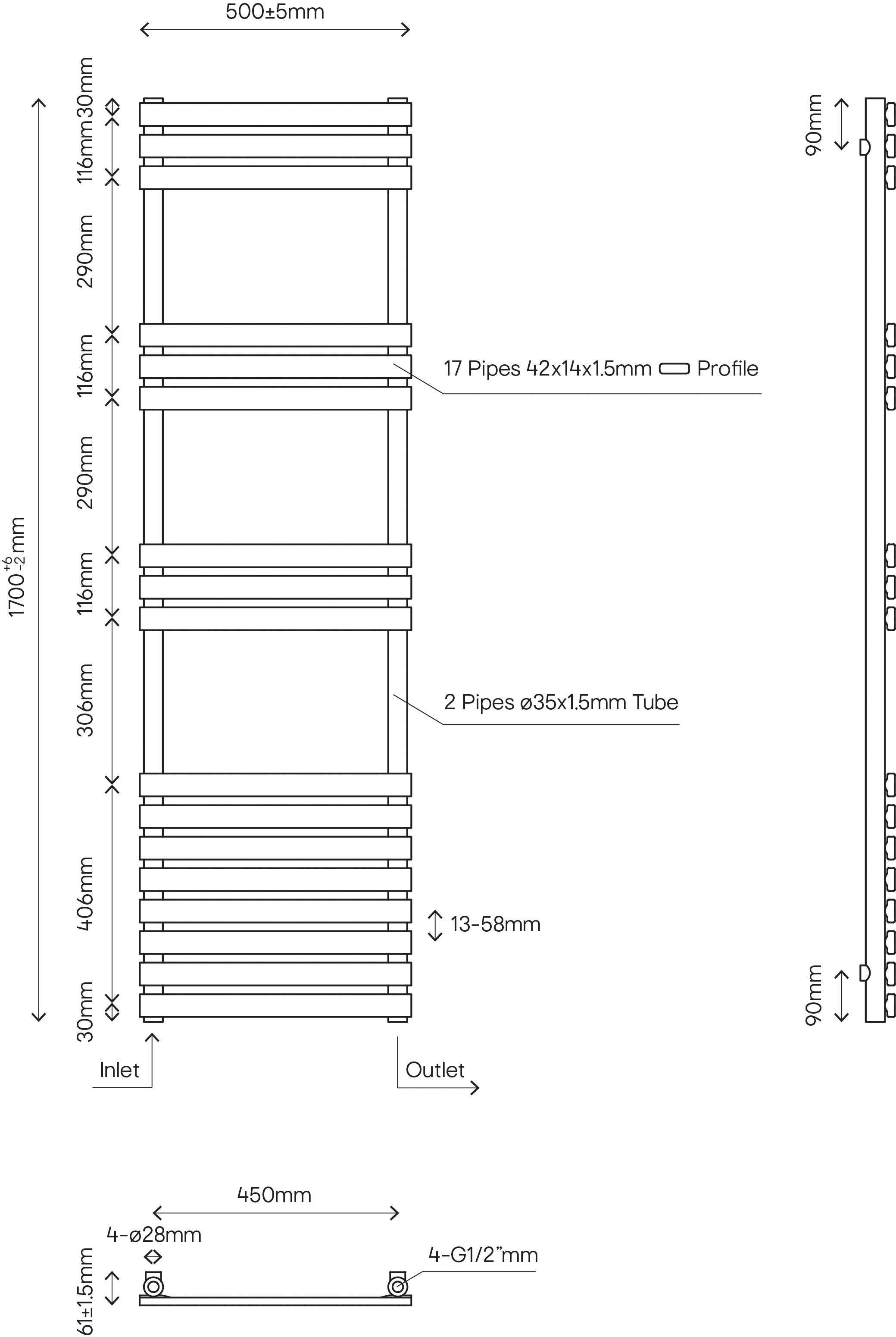 GoodHome Emsworth Chrome effect Vertical Flat Towel radiator (W)500mm x (H)1700mm