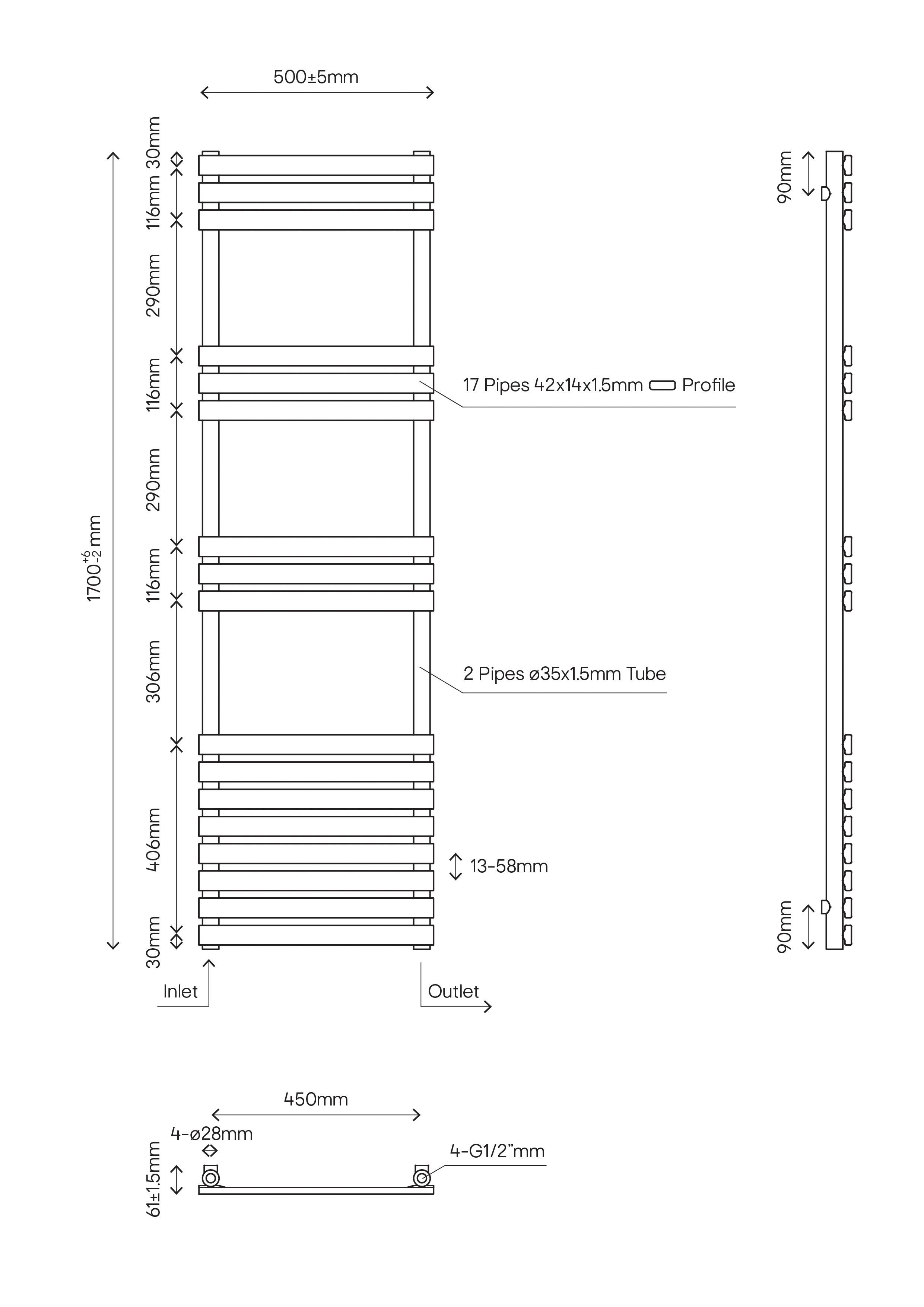 GoodHome Emsworth, White Vertical Flat Towel radiator (W)500mm x (H)1700mm