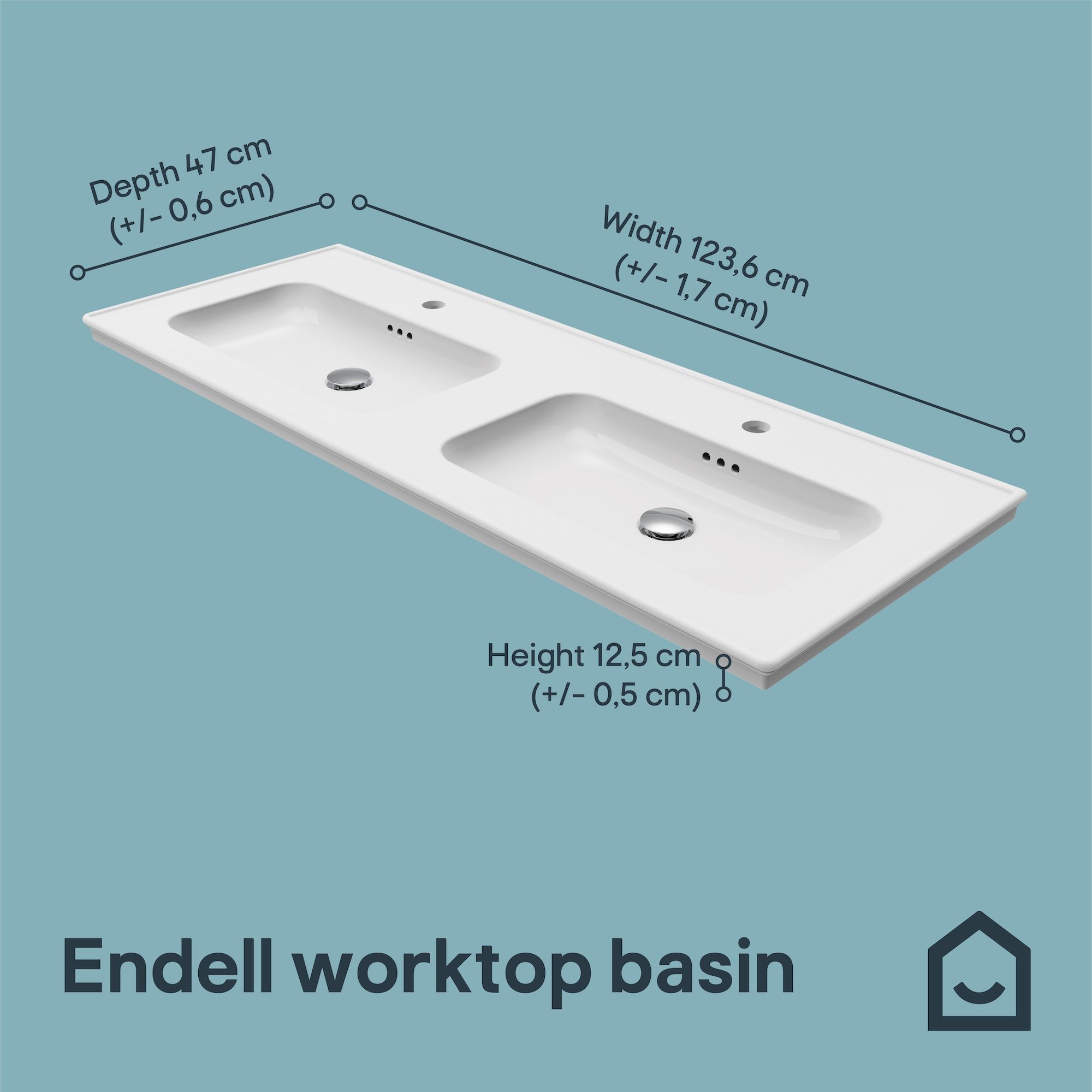 GoodHome Endell Gloss White Rectangular Double Vanity Basin (W)123.6cm