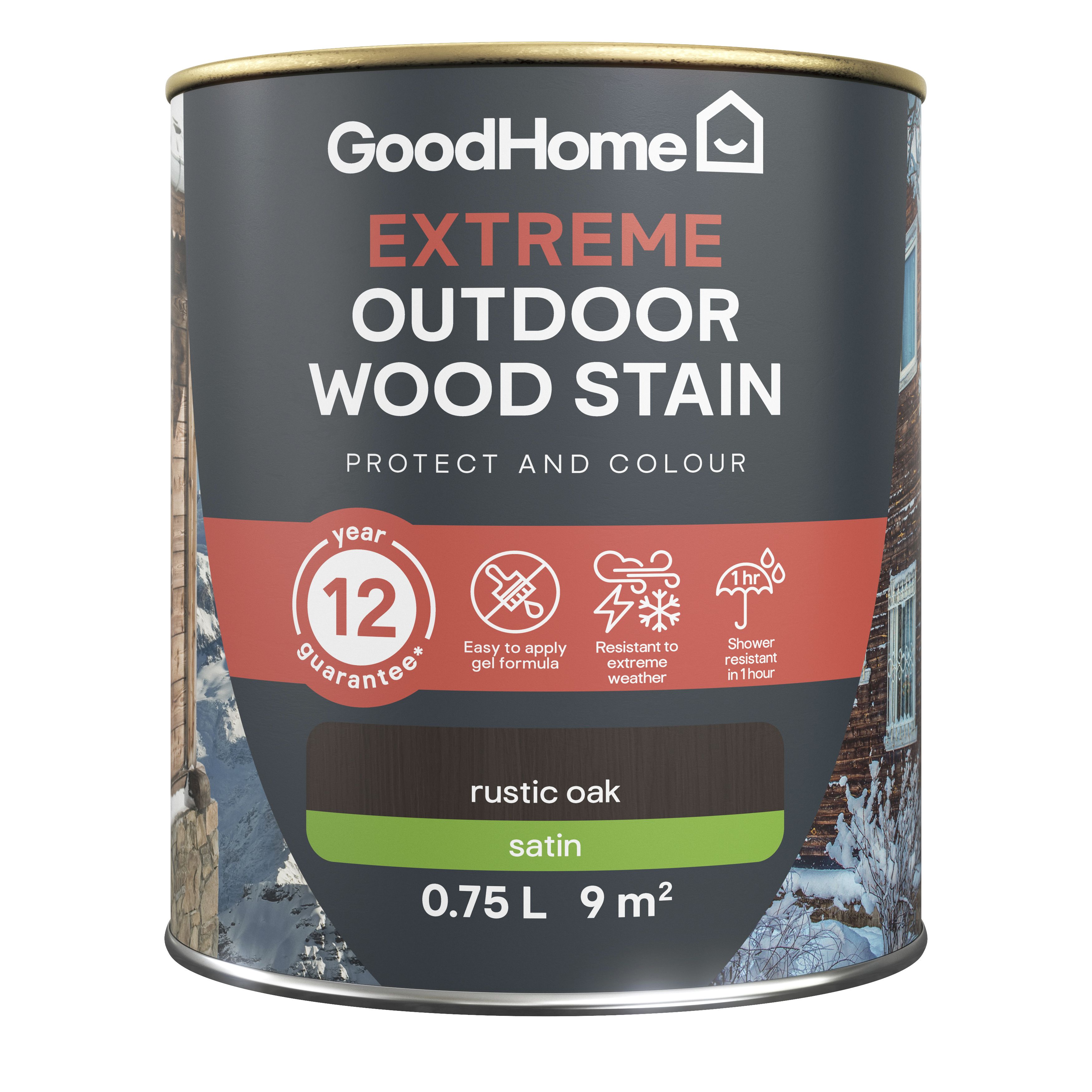 GoodHome Extreme Outdoor Rustic Oak Satin Quick dry Wood stain, 750ml
