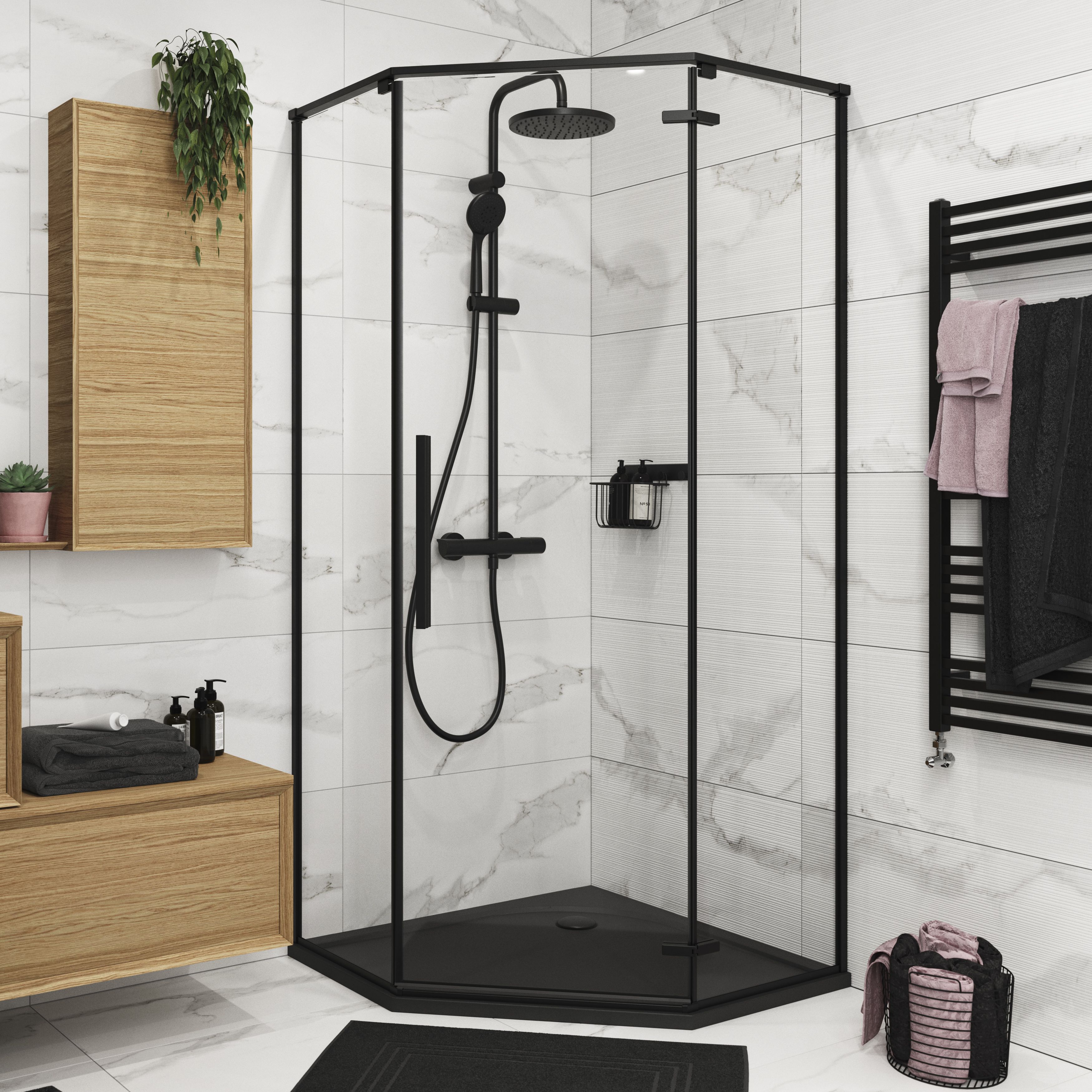 GoodHome Ezili Black Left or right Corner Shower Enclosure & tray with Hinged door (H)195cm (W)89cm (D)89cm