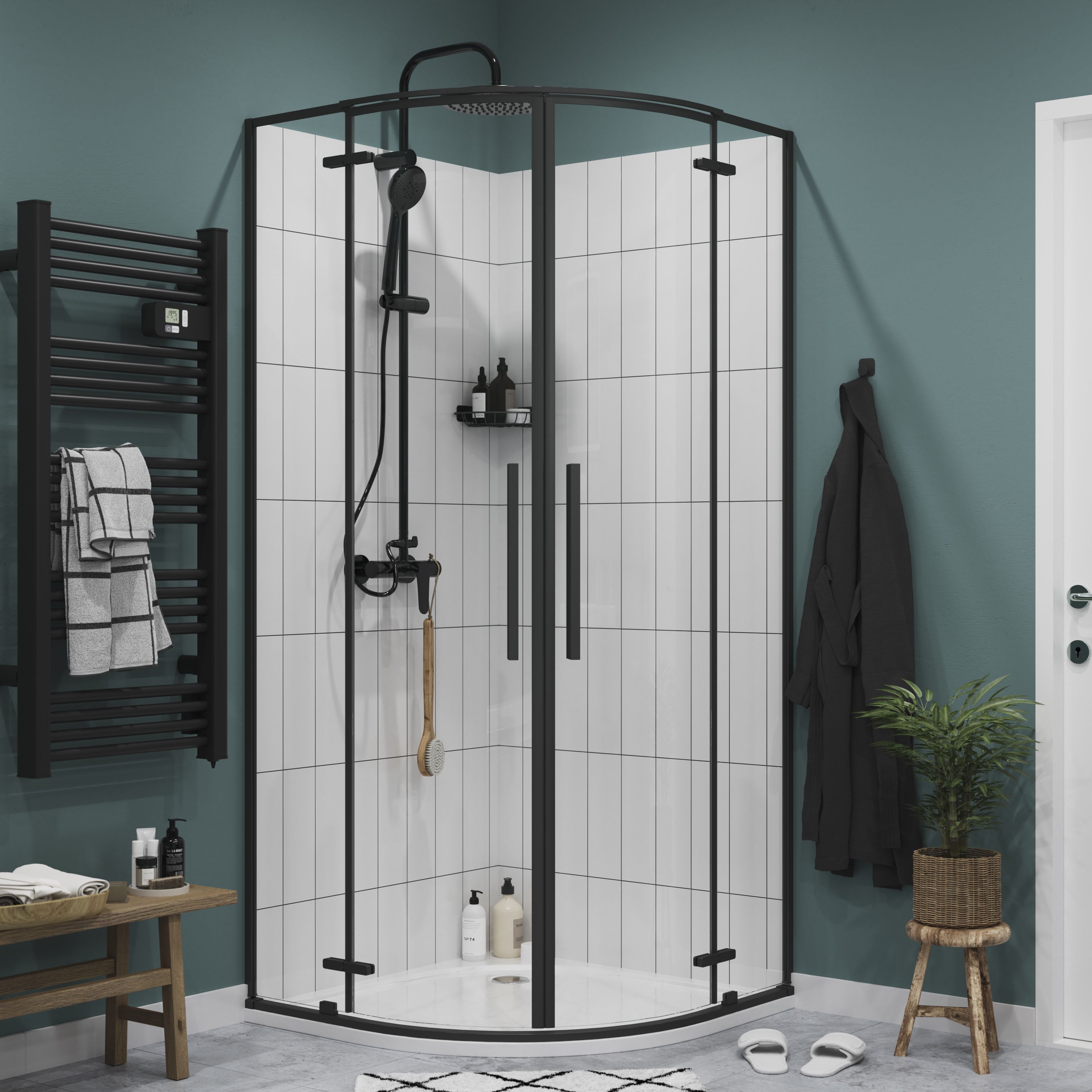 GoodHome Ezili Clear Black Universal Corner Shower enclosure with Hinged door (W)89cm (D)89cm
