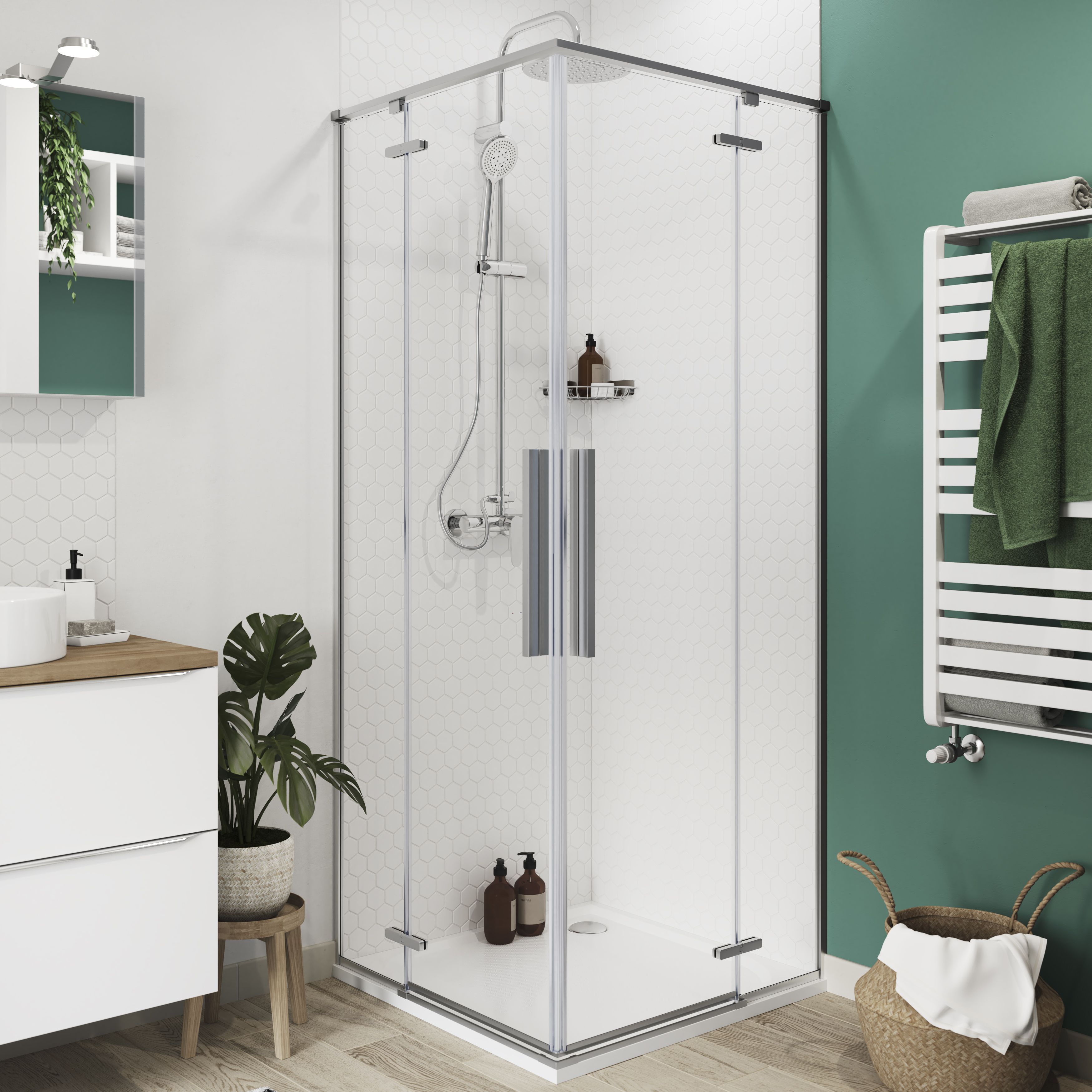 GoodHome Ezili Clear Silver effect Universal Corner Shower enclosure with Hinged door (W)79cm (D)79cm