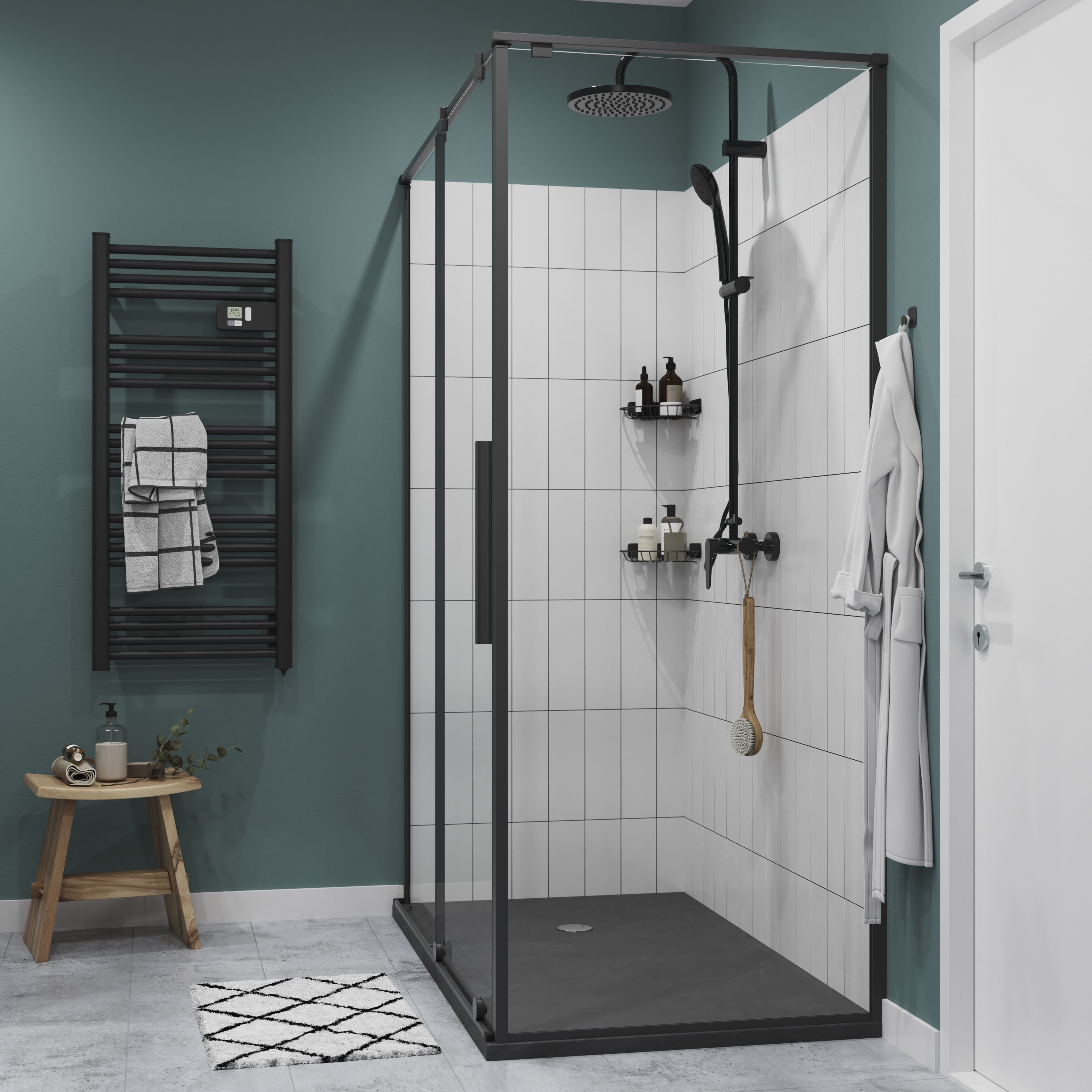 GoodHome Ezili Matt Black Clear glass Fixed Side Shower panel (H)195cm (W)90cm
