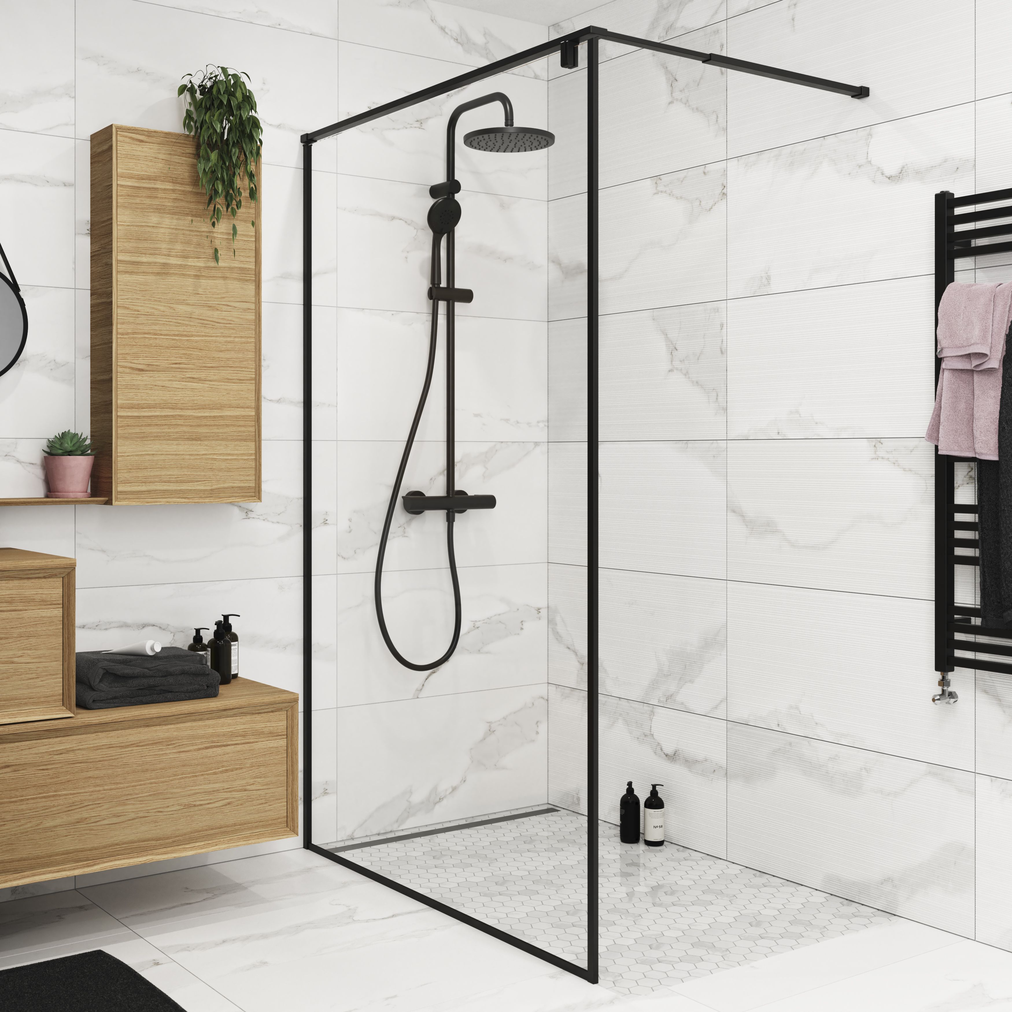 GoodHome Ezili Matt Black Clear Minimal frame Walk-in Wet room glass screen (H)195cm (W)89cm