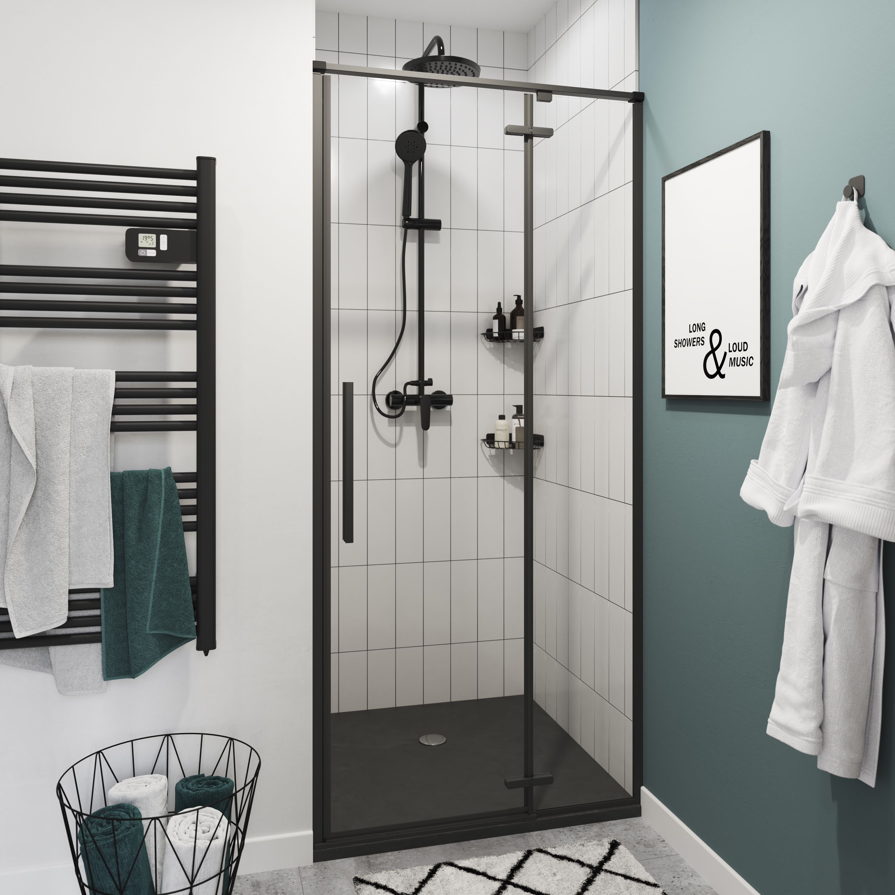 GoodHome Ezili Minimal frame Black Clear glass No design Hinged Shower Door (H)195cm (W)78cm