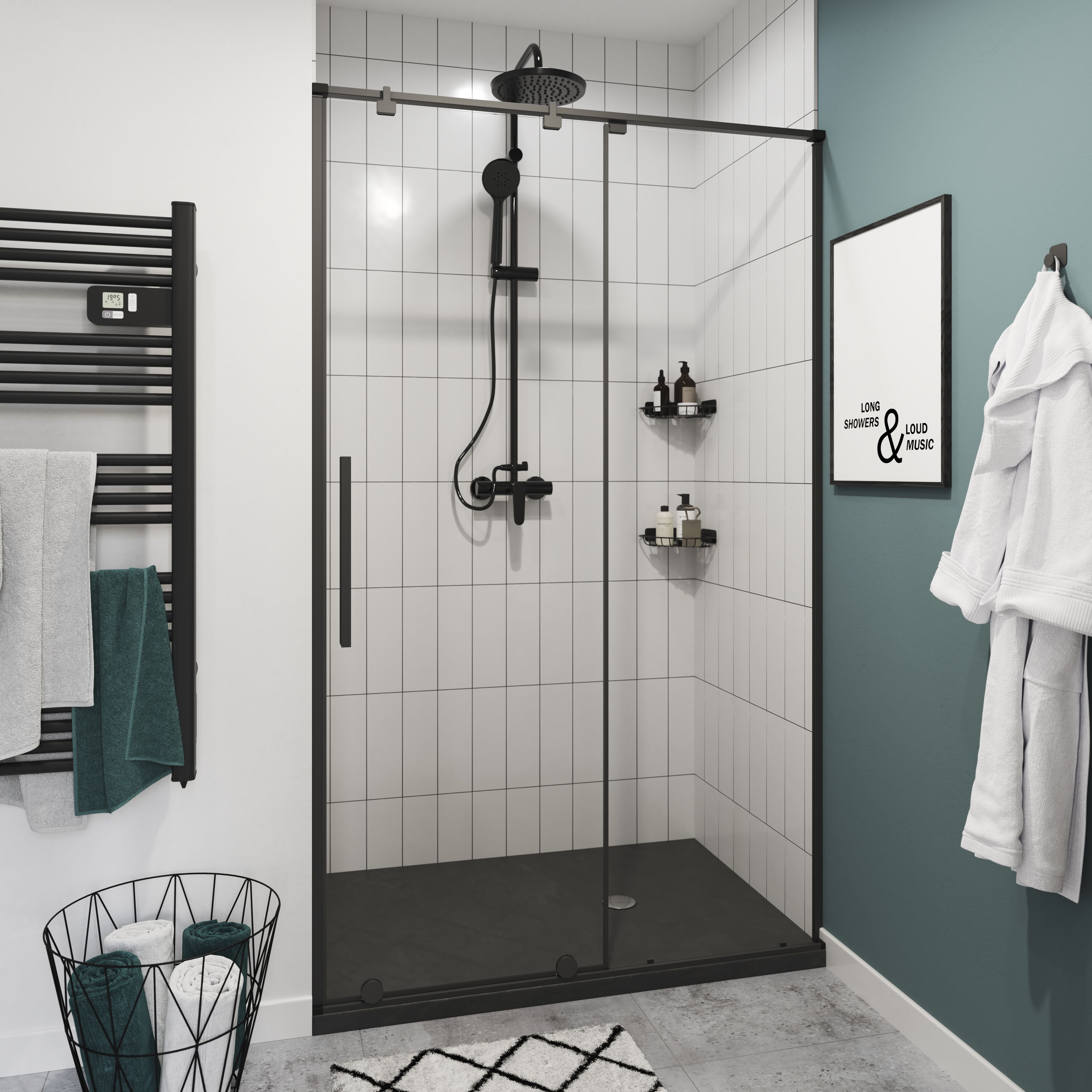 GoodHome Ezili Minimal frame Black Clear Sliding Shower Door (H)195cm (W)138cm