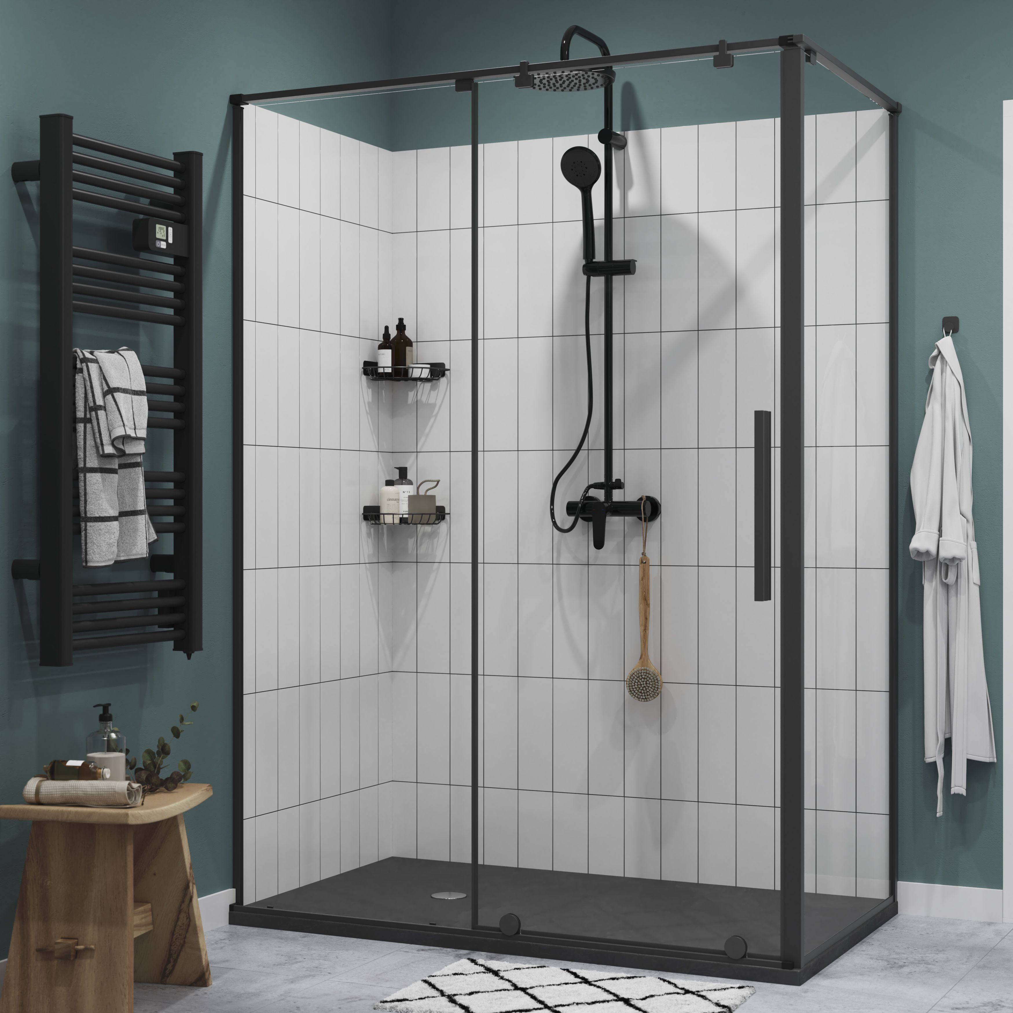 GoodHome Ezili Minimal frame Black Clear Sliding Shower Door (H)195cm (W)138cm