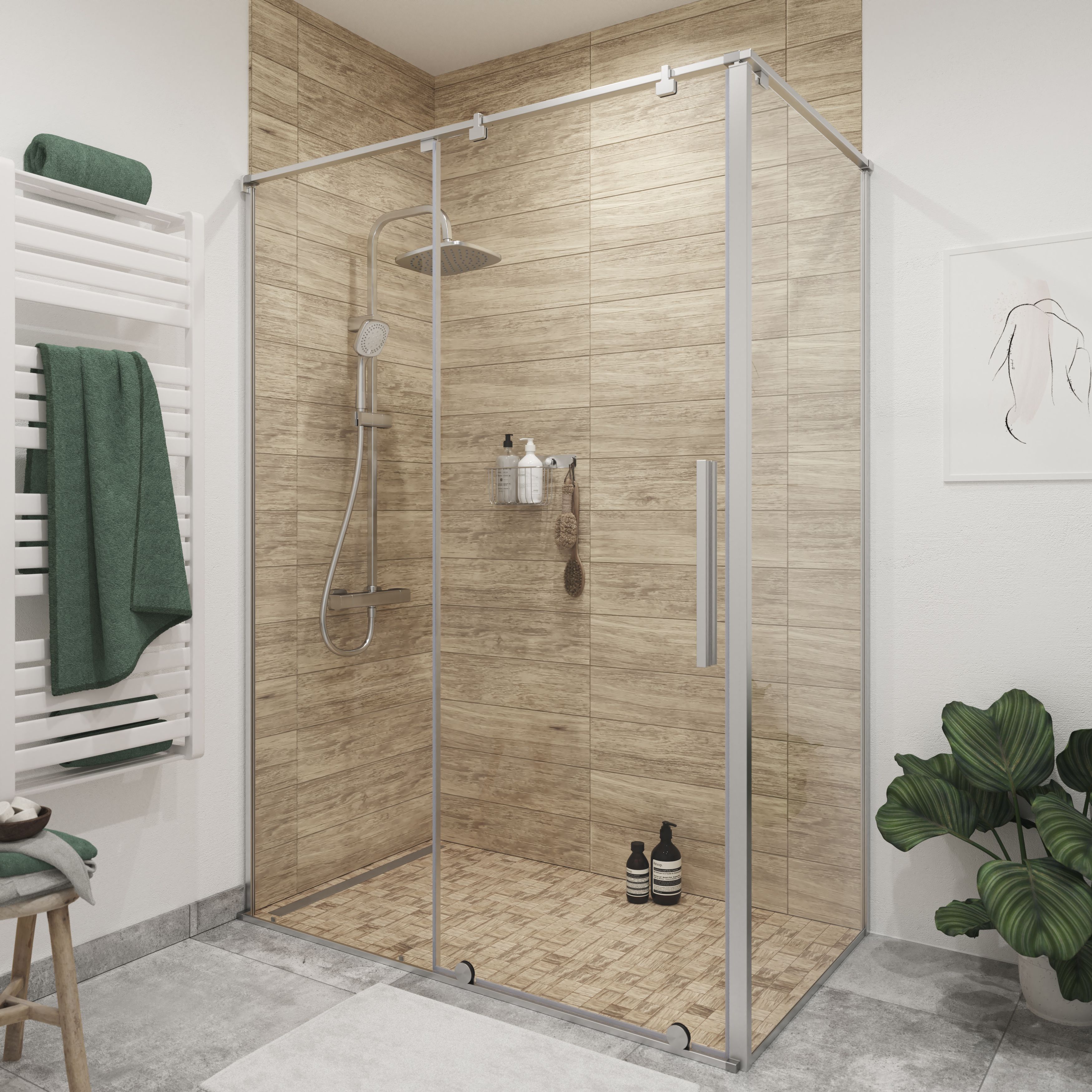 GoodHome Ezili Minimal frame Silver effect Clear Sliding Shower Door (H)195cm (W)138cm
