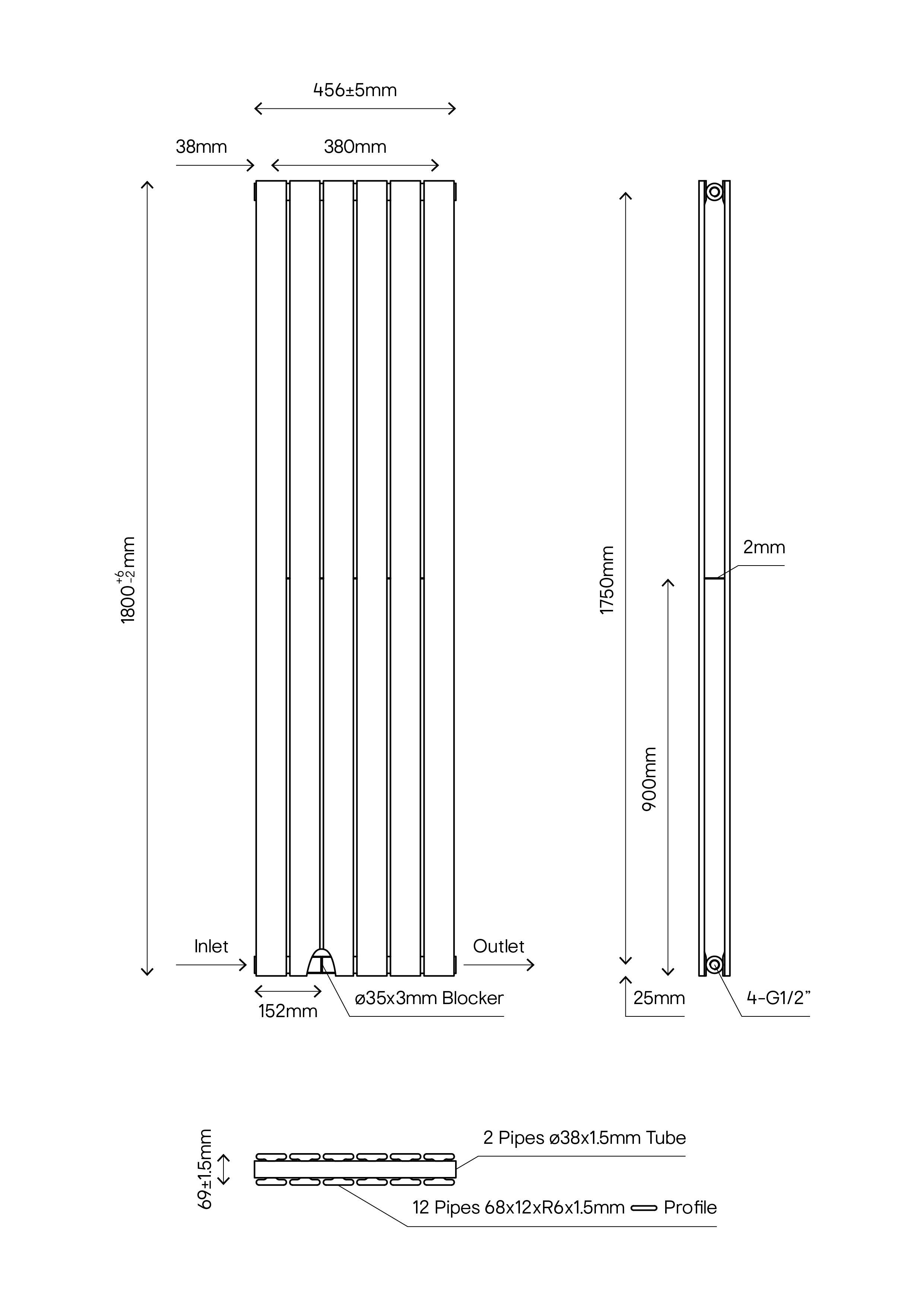 GoodHome Faringdon Anthracite Vertical Designer Radiator, (W)456mm x (H)1800mm