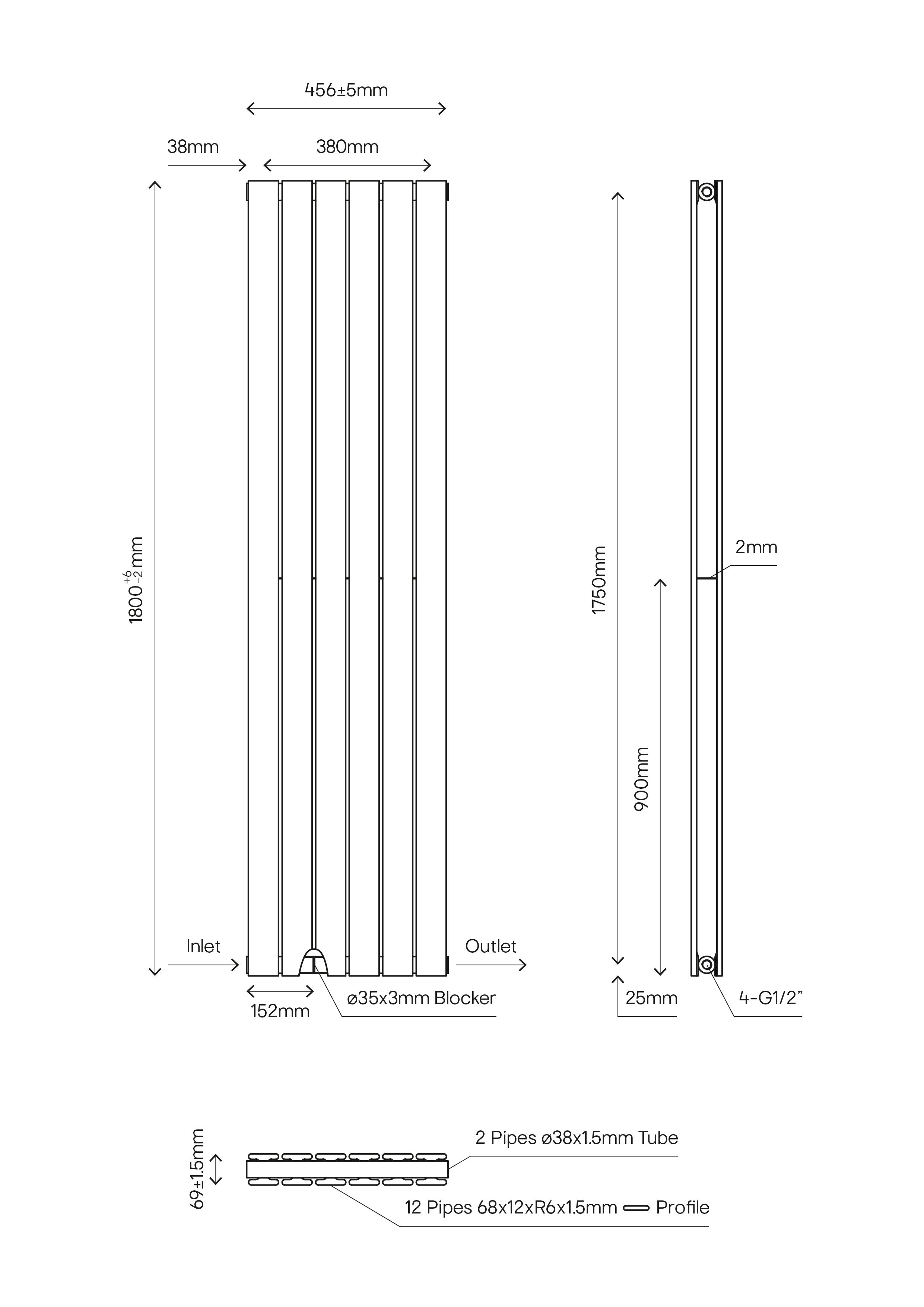 GoodHome Faringdon White Vertical Designer Radiator, (W)456mm x (H)1800mm