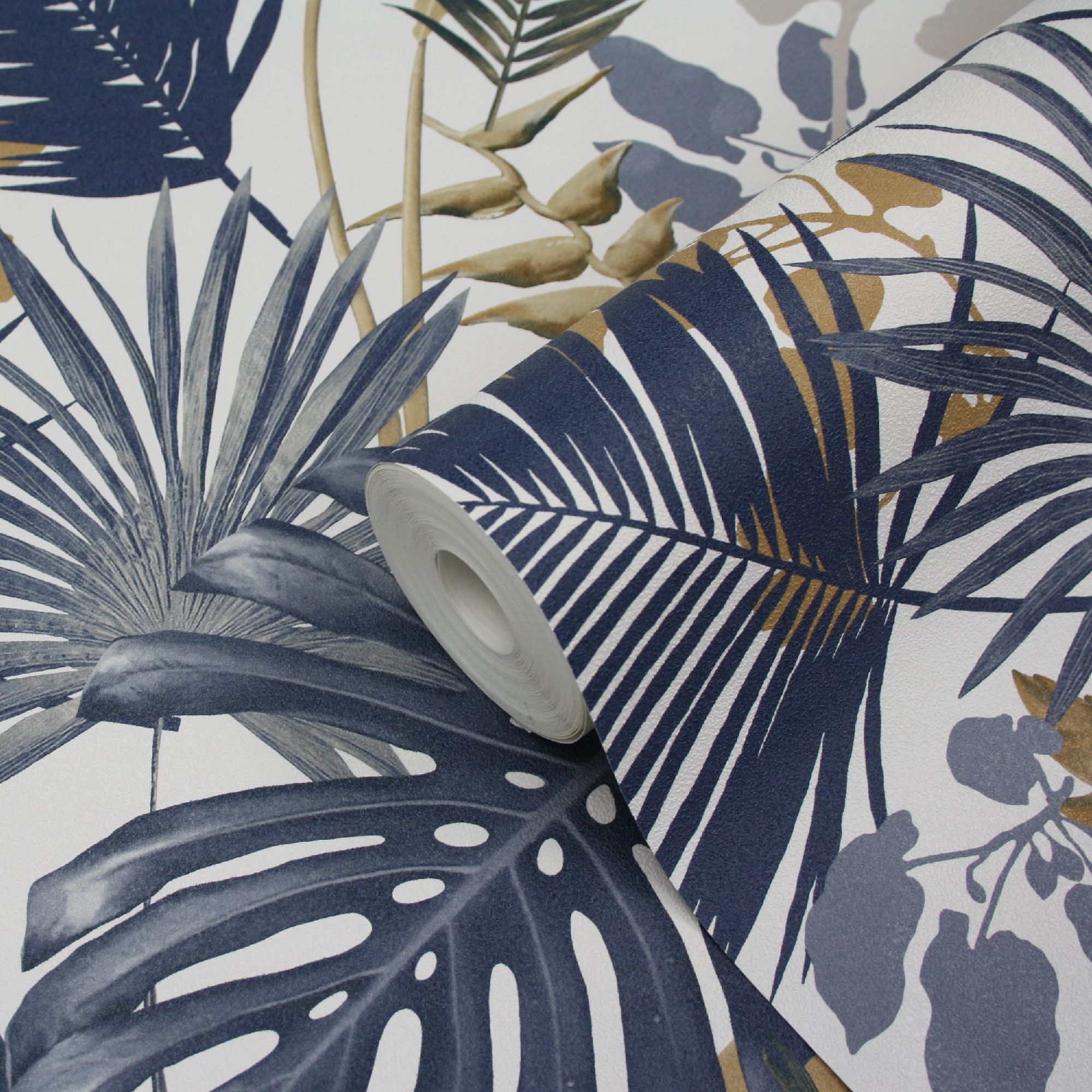 GoodHome Ferula Blue Tropical leaves Textured Wallpaper Tradepoint